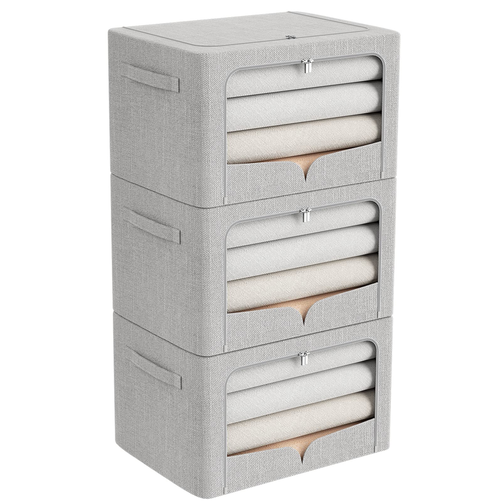 3 Pack Foldable Metal Frame Storage Bins with Clear Window & Handles - Stackable Linen Fabric Organizer Box for Clothes, Toys, or Home Organization (Light Gray, 15.7x11.8x7.8 Inches, 22L) - Perfect for Closet, Nursery, or Office Storage