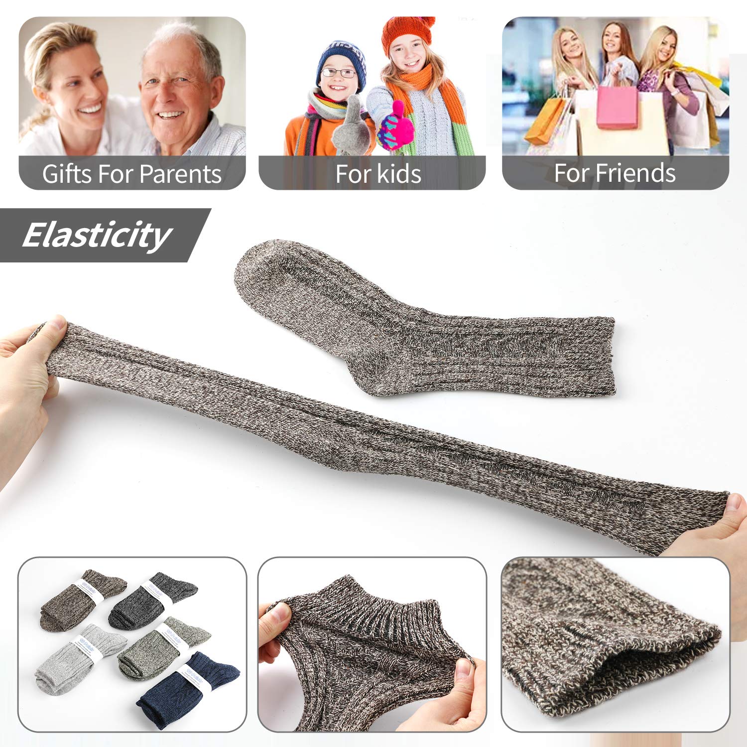 ElifeAcc 5 Pairs of Men's Thick & Warm Wool Socks for Winter - Thermal Hiking, Skiing & Outdoor Activities Socks for Cold Weather