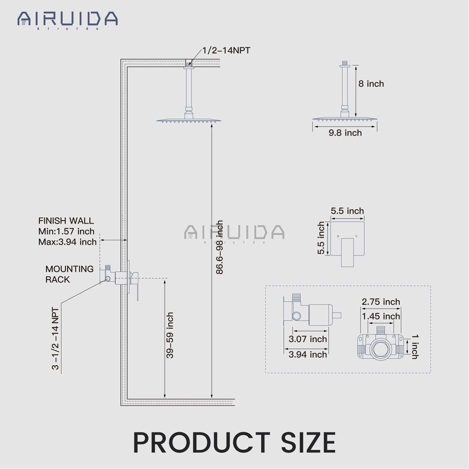 Airuida Brushed Gold Ceiling Mount Rainfall Shower System - 10 Inch Square Shower Head with Single Function Trim Kit, Male Threads & Rough-in Valve | Perfect for Modern Bathroom Renovations & Spa-Like Shower Experience