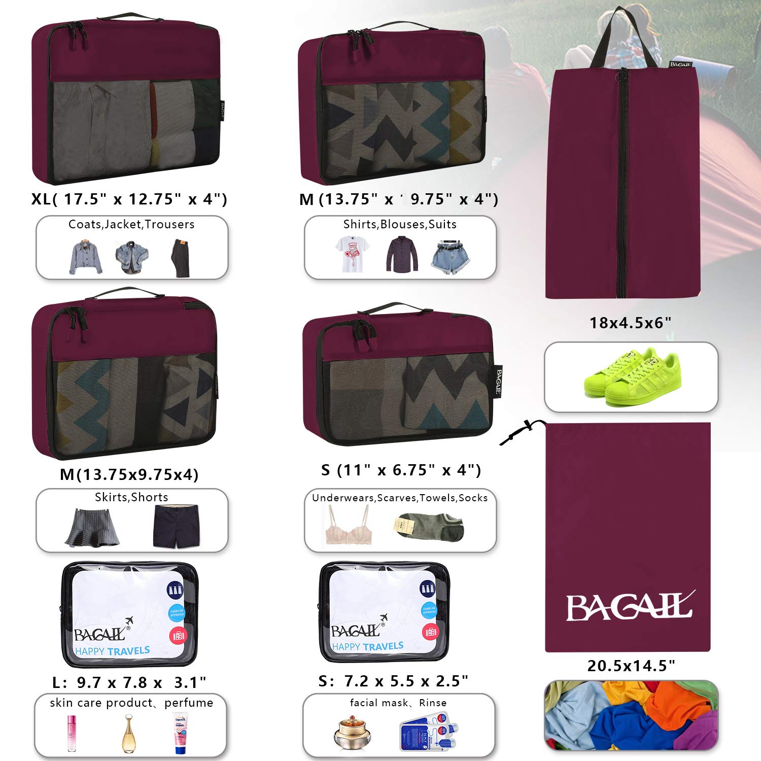 BAGAIL 8-Piece/9-Piece Travel Packing Cubes Set - Lightweight Luggage Organizers for Suitcases, Carry-On Bags & Travel Accessories - Perfect for Business Trips, Vacations & Weekend Getaways