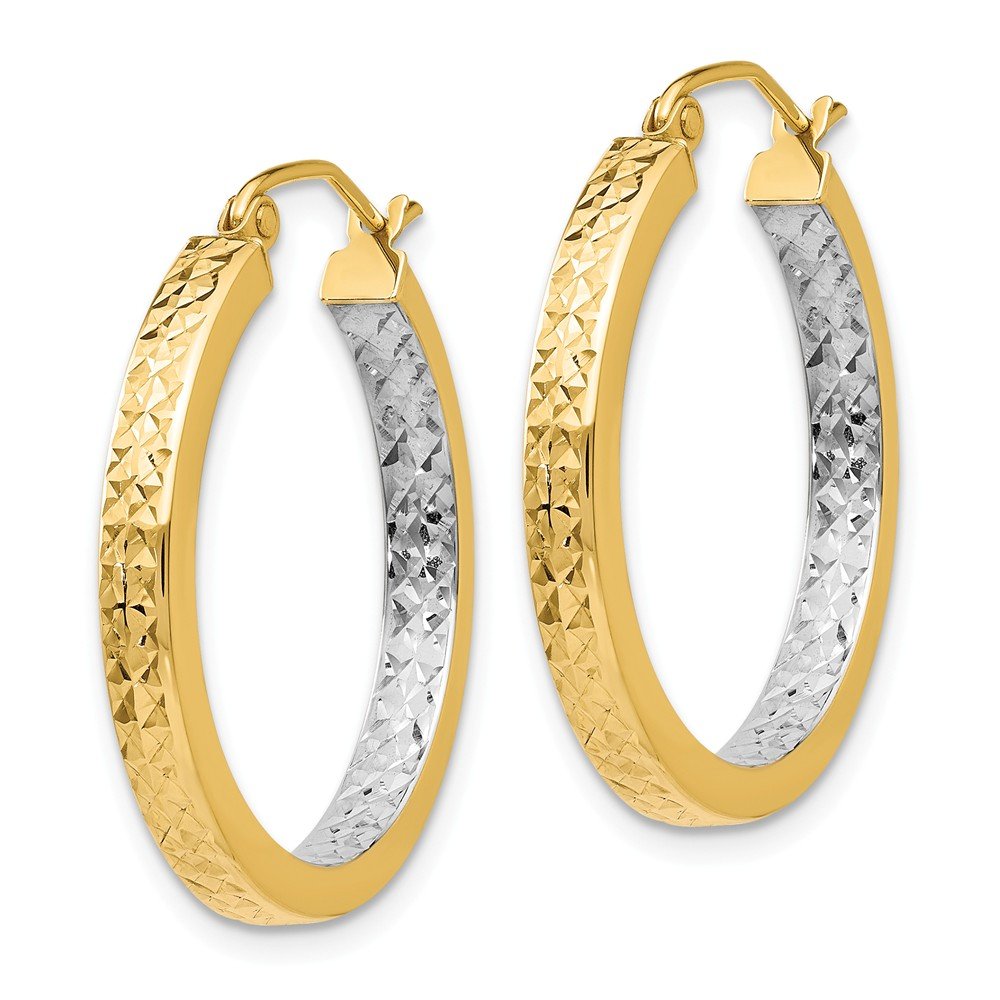 14K Yellow Gold Two-Tone Square Diamond-Cut Hoop Earrings 27mm - Elegant Lightweight Dangle Earrings for Women, Perfect for Parties, Weddings & Everyday Wear