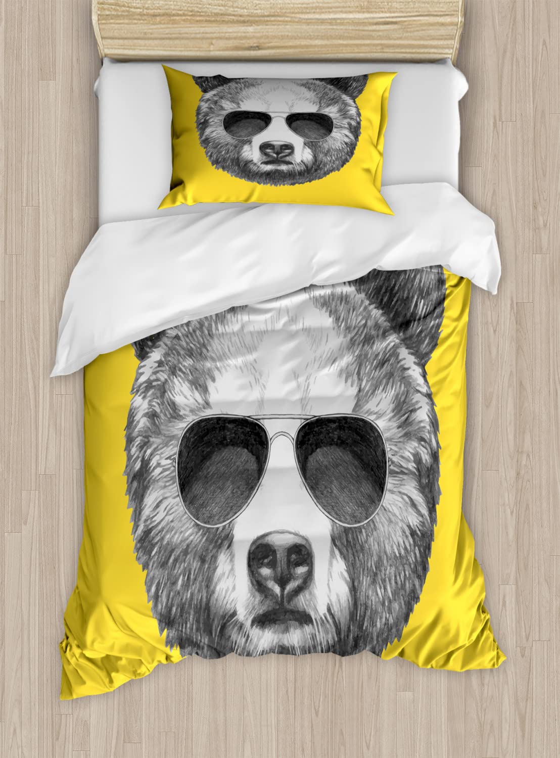 Ambesonne Sunglasses Duvet Cover Set - Hand Drawn Bear in Shades Retro Design, 2-Piece Twin Size Bedding Set with Duvet Covers & Pillowcases (Mustard & Dark Grey) - Perfect for Kids Rooms, Dorm Decor & Unique Gift Ideas