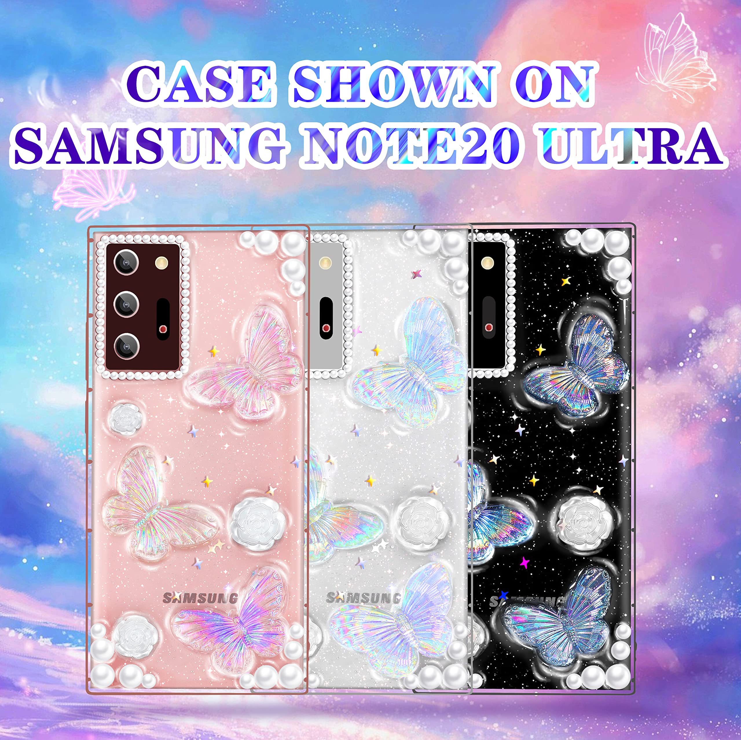 **Goocrux 3-in-1 Case for Samsung Galaxy Note 20 Ultra – 3D Butterfly Clear Glitter Phone Case with Chain & Screen Protector | Stylish Aesthetic for Women & Teen Girls | Cute Sparkly Girly Design for Everyday Use & Parties**