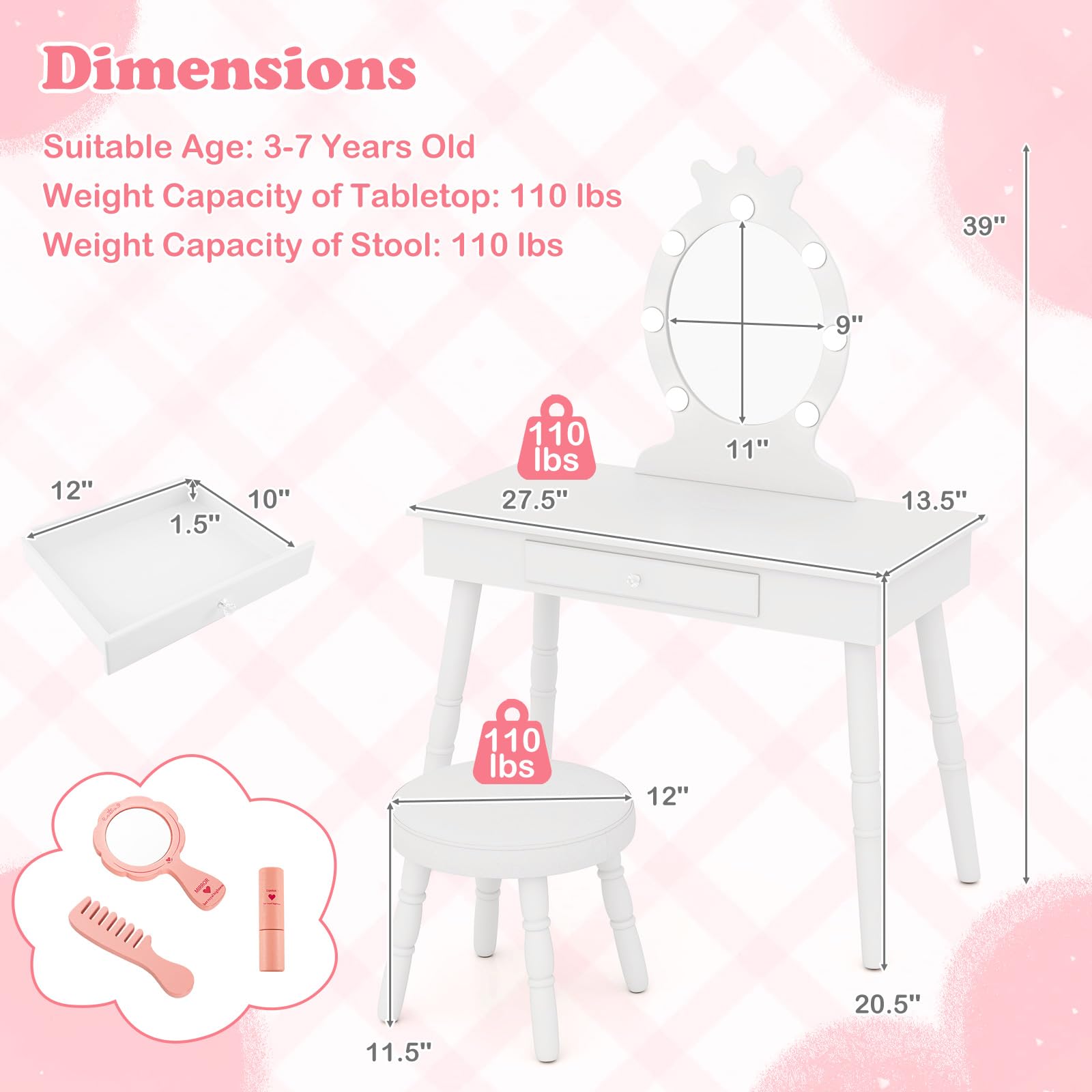HONEY JOY Kids Vanity Set with LED Lights - Princess Wooden Makeup Table & Stool with Drawer, 3-Color Adjustable Lighting, Toddler Dressing Vanity for Girls Ages 3-8, Pretend Play Furniture for Bedroom & Playroom (White) - Perfect for Birthday Gifts & Role Play Activities