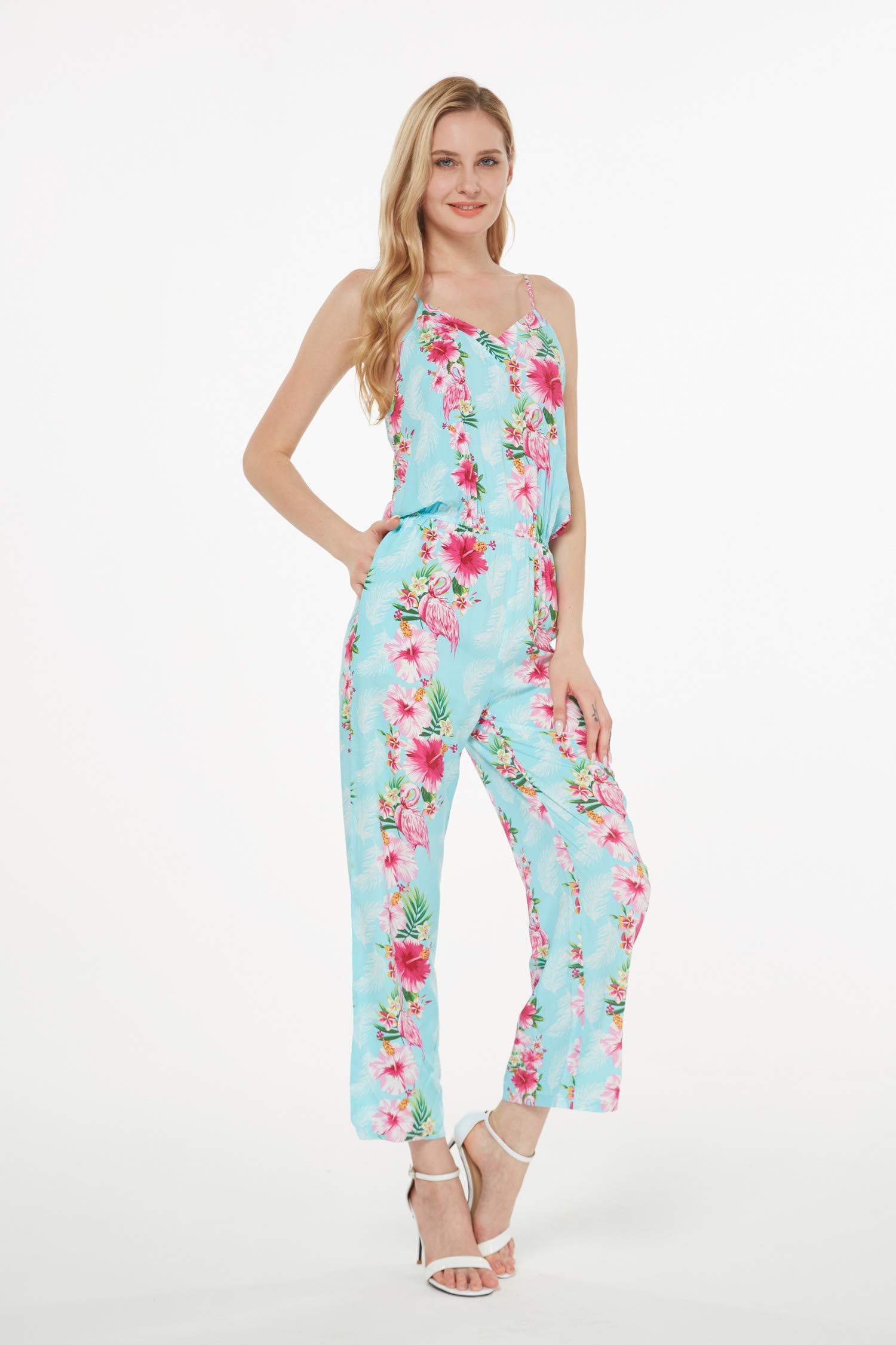 Women's Floral Print V-Neck Jumpsuit with Pockets | Hawaiian Style Strap Romper | Pink Hibiscus Vine Design | Perfect for Beach Vacation, Summer Outfits & Tropical Getaways