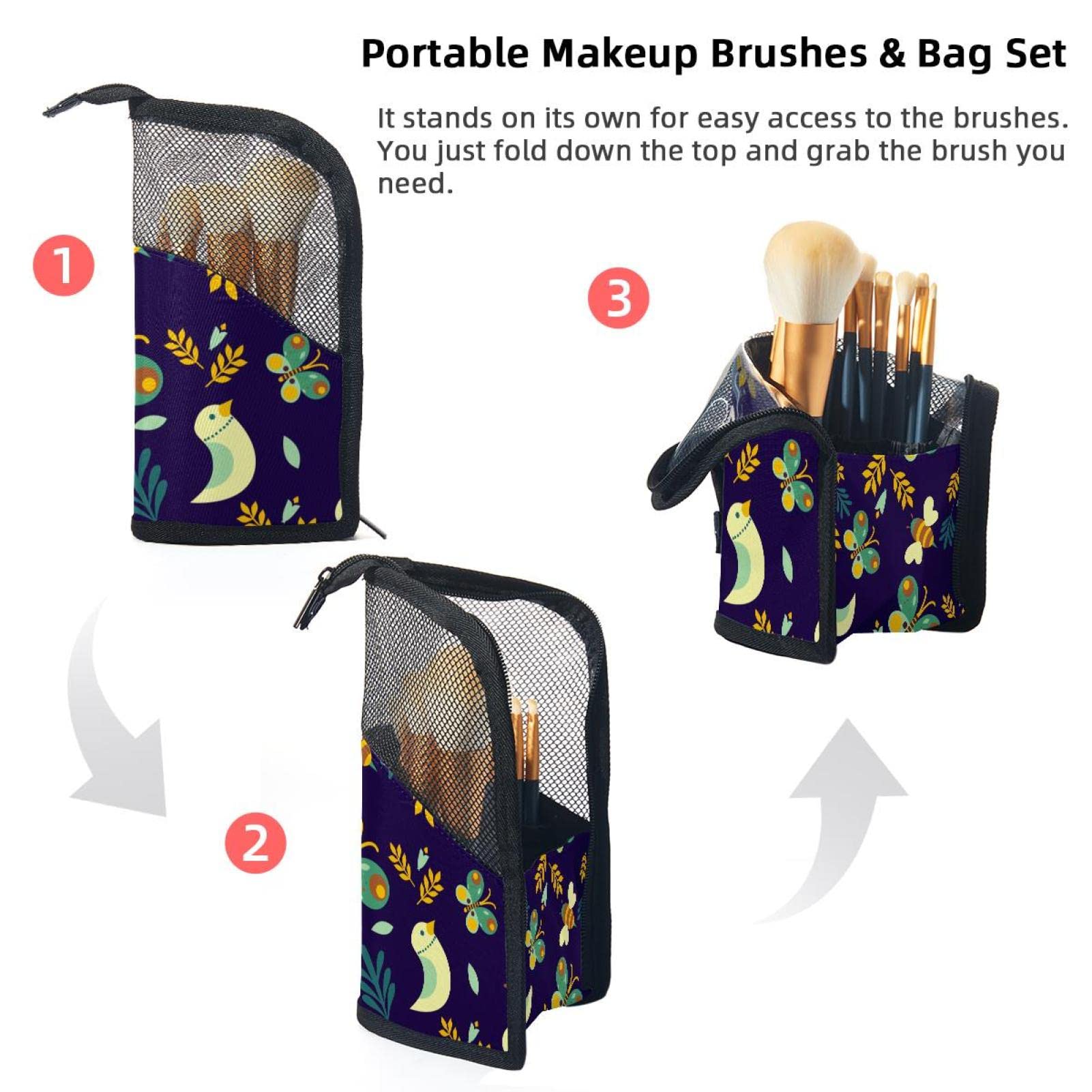 Portable Makeup Brush Organizer Bag with 12 Slots - Floral Birds & Butterflies Design Makeup Brush Holder Case - Perfect for Travel, Home Vanity & Professional Makeup Artists