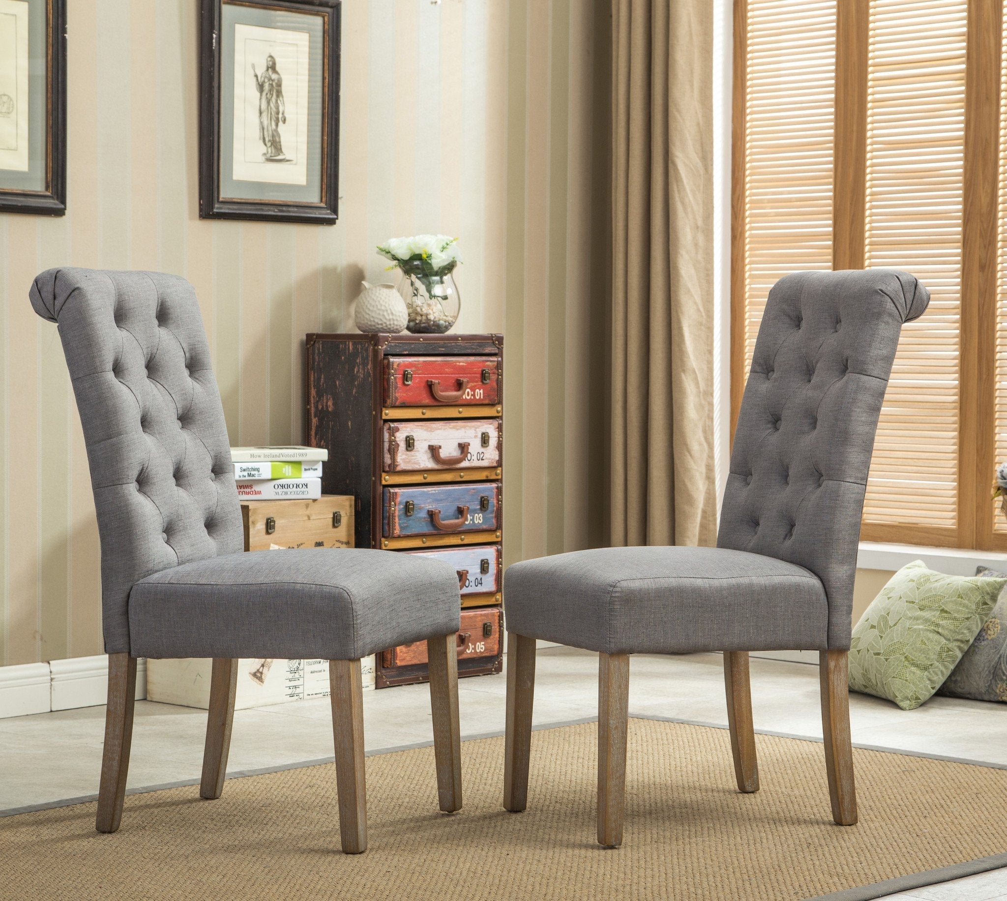 Roundhill Furniture Solid Wood Tufted Parsons Dining Chairs - Set of 2, Grey - Modern Farmhouse Style for Dining Room, Kitchen, or Home Office
