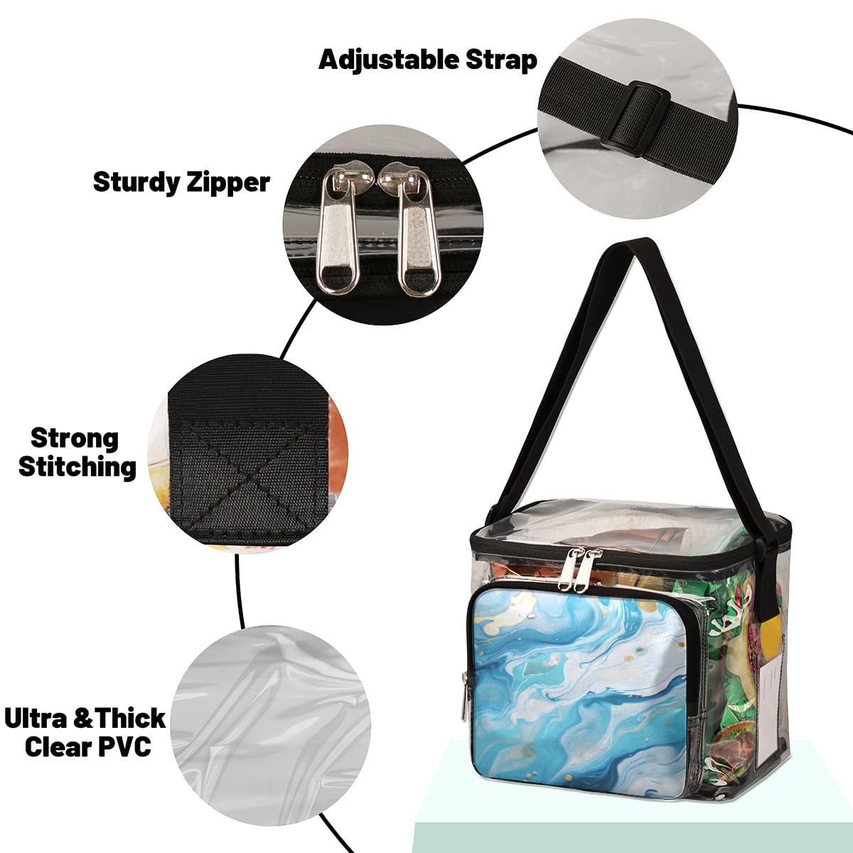 GzLeyigou Blue Marble Pattern Clear Tote Bag with Handles - Waterproof Transparent Crossbody Shoulder Bag for Women - Perfect for Lunch, Outdoor Travel, Picnic, Concerts & Sports Events (Stadium Approved)