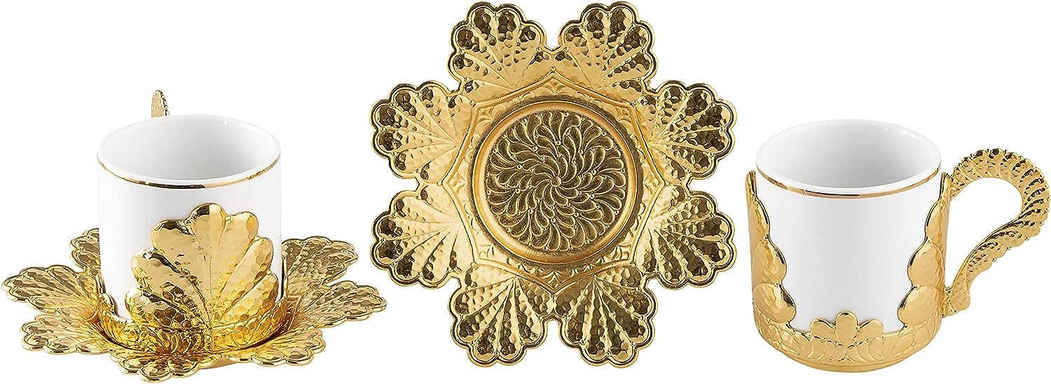 Authentic Handmade Turkish Coffee Cups Set of 6 - Porcelain Espresso Cups with Saucers, Arabic Greek Bosnian Coffee Set - Gold Gilded Design (2.36 Oz) - Perfect for Home Brewing, Gift Giving & Traditional Coffee Ceremonies