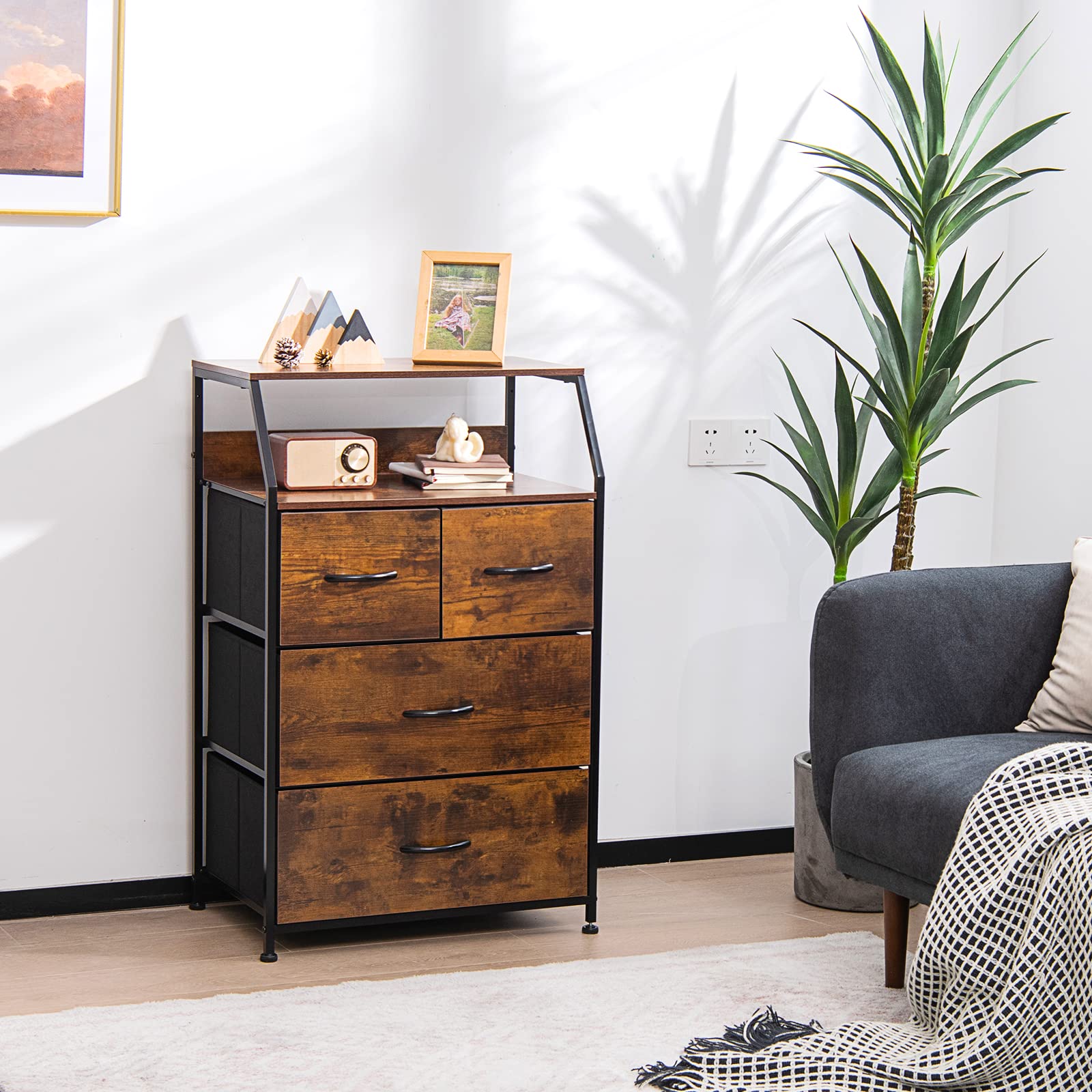 Giantex 4-Drawer Dresser Set of 2, Tall Storage Tower with 4 Foldable Fabric Drawers & Open Shelves, Solid Wood Top & Sturdy Metal Frame, Anti-Tip Design for Safety - Perfect for Bedroom, Hallway, Closet Organization & Small Space Storage Solutions