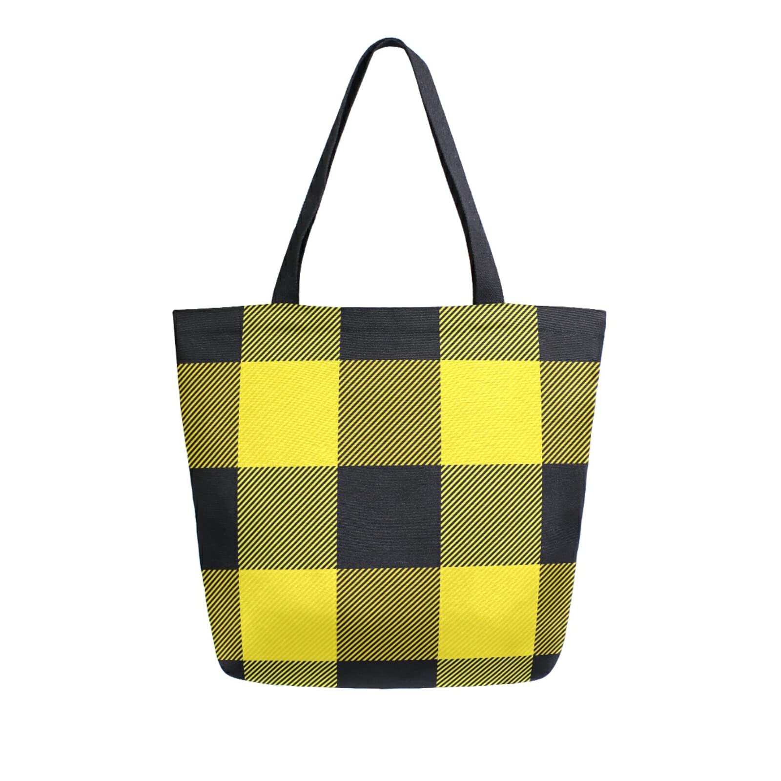 Yasala Yellow and Black Buffalo Check Plaid Canvas Tote Bag - Large Eco-Friendly Reusable Foldable Shopping Bag for Groceries, School, Work & Travel | Durable Multipurpose Carryall for Everyday Use