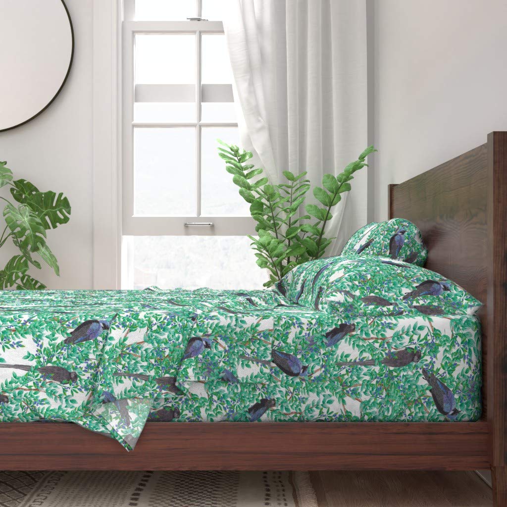 Premium 100% Cotton Twin Sheet Set 3-Piece - Botanical Bird & Tree Print Blue Leaves Nature Design | Soft Breathable Bedding for Kids, Teens & Adults | Perfect for Bedroom, Dorm & Guest Room Decor