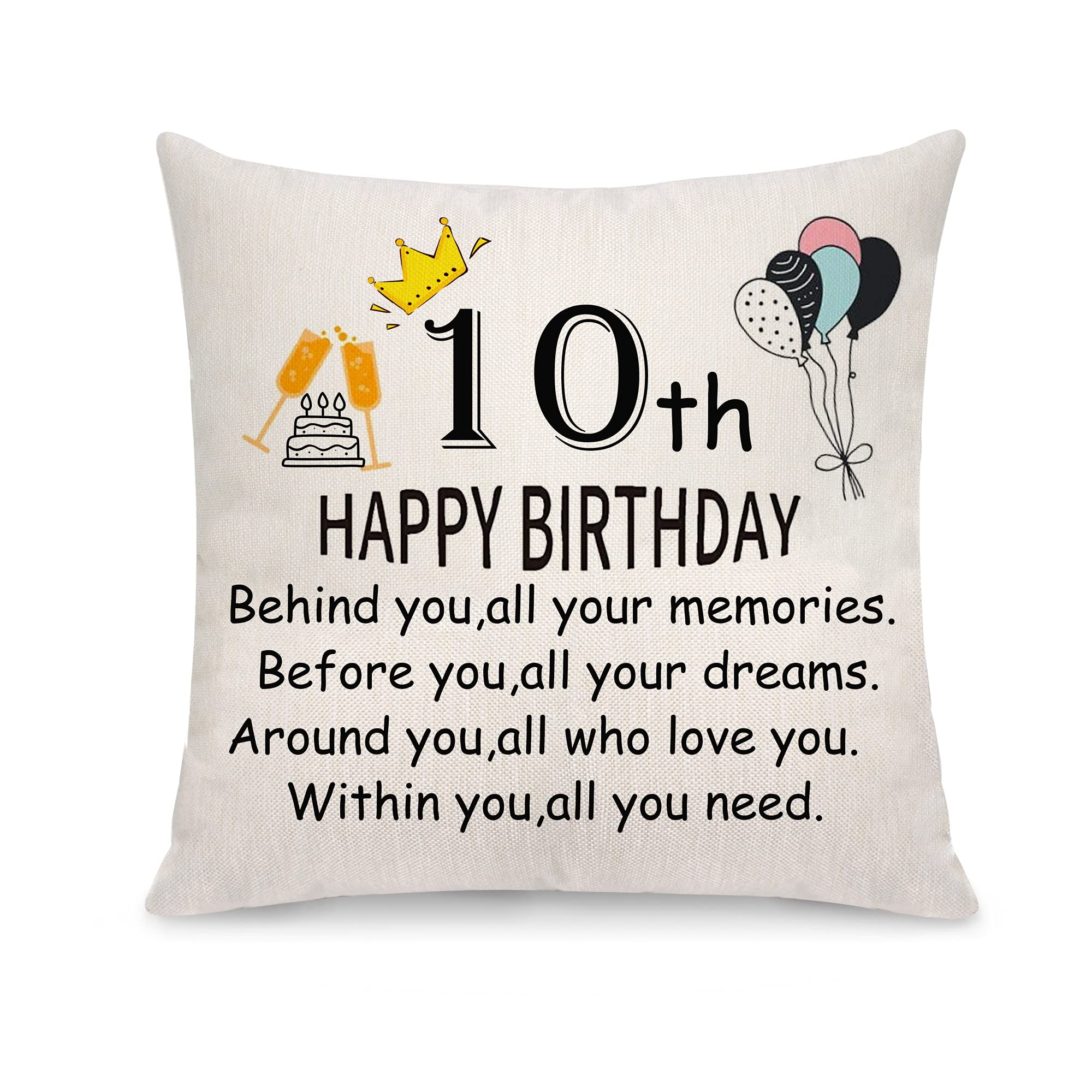 KHUBINATH Happy Birthday Gift Pillow Covers - Inspirational Throw Pillow Cases for Friends, Sisters & Daughters - Square Cushion Covers for Home Decor, Indoor Fashion & Celebration (10th Birthday) - Perfect for Birthday Parties, Bedroom Decor & Thoughtful Gifts