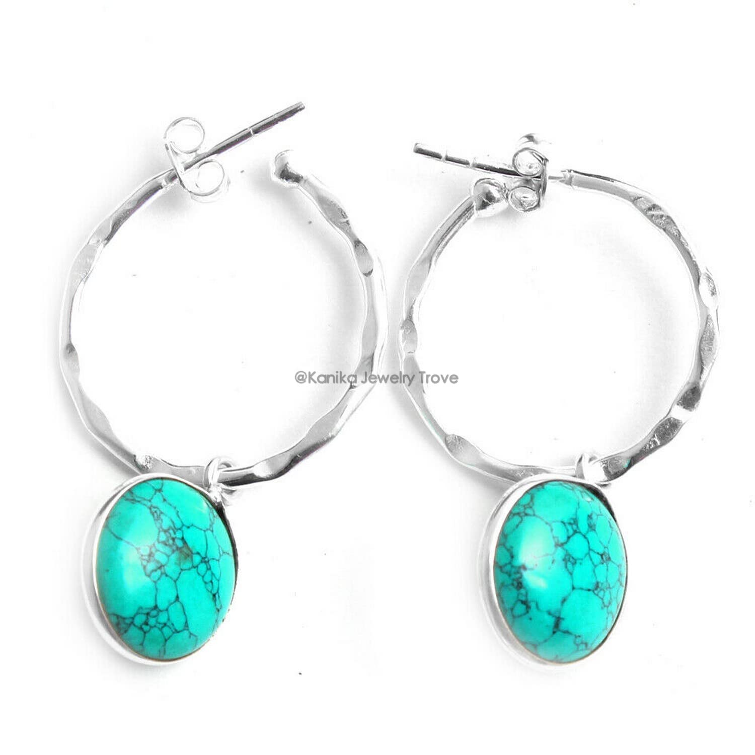 Turquoise Gemstone Sterling Silver Hoop Earrings for Women - Bezel Set Pushback Earrings for Bridesmaids, Gifts & Everyday Wear | Dainty Jewelry for Casual & Formal Occasions