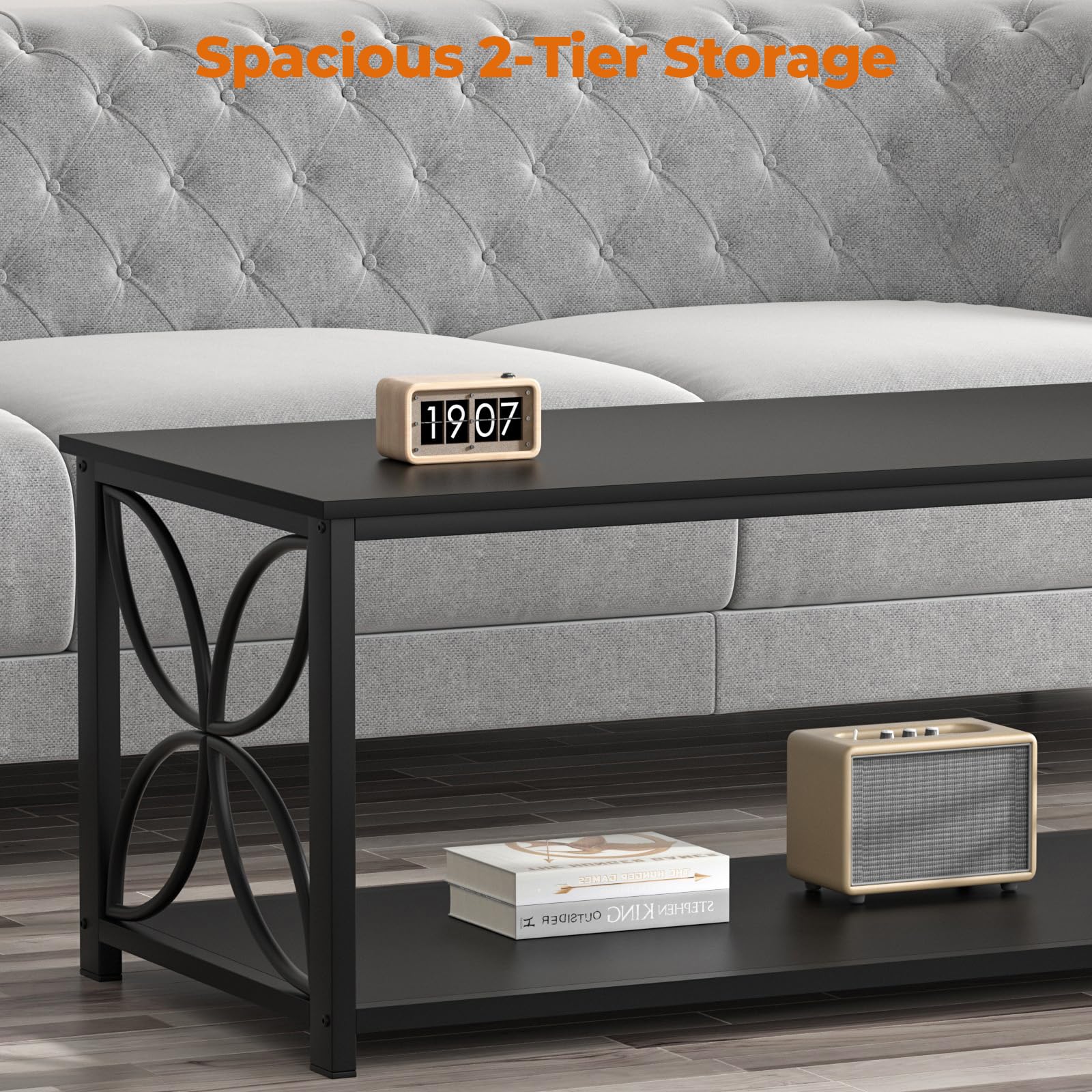 GreenForest 39-inch Modern Coffee Table with Storage Shelf - Black Living Room Center Table for Sofa, Home Office | Perfect for Small Spaces, TV Lounging & Hosting Guests
