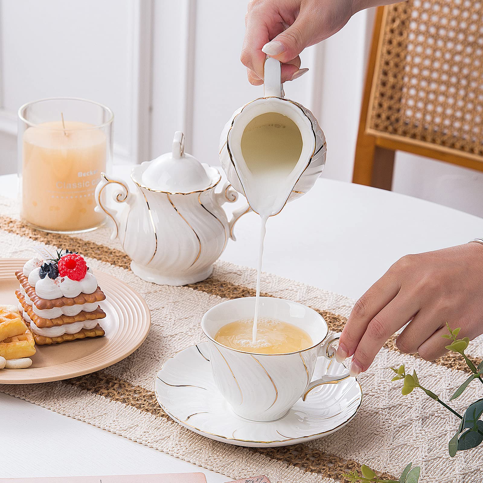 6-Piece Porcelain Tea Cup and Saucer Set - 6oz Elegant White with Gold Trim for Tea, Coffee, Latte, Mocha - Perfect for Afternoon Tea Parties, Bridal Showers, and Cafe Dining