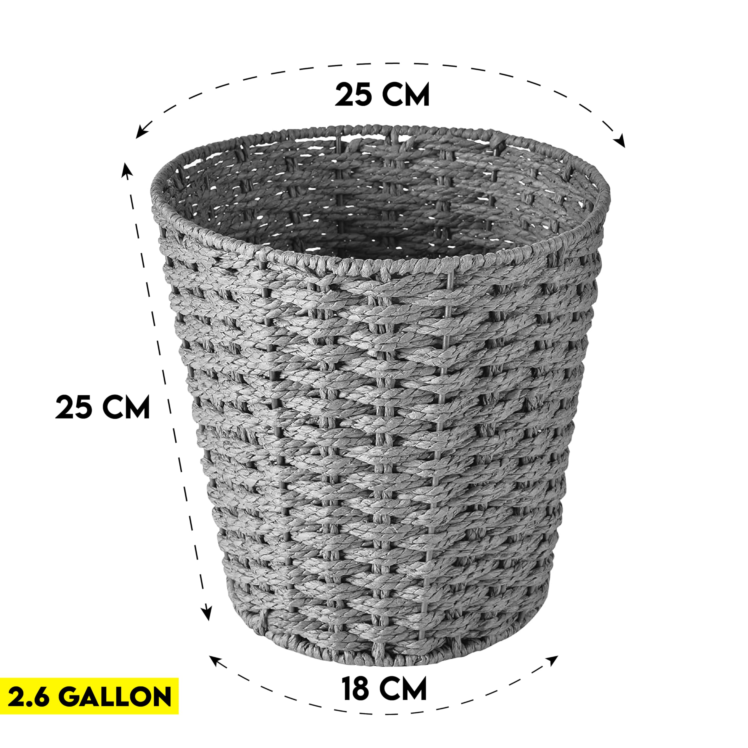 Round Wicker Waste Basket - Eco-Friendly Woven Paper Bin for Bedroom, Bathroom, Office & Home Decor - Handmade Grey Trash Can for Waste Disposal & Organization