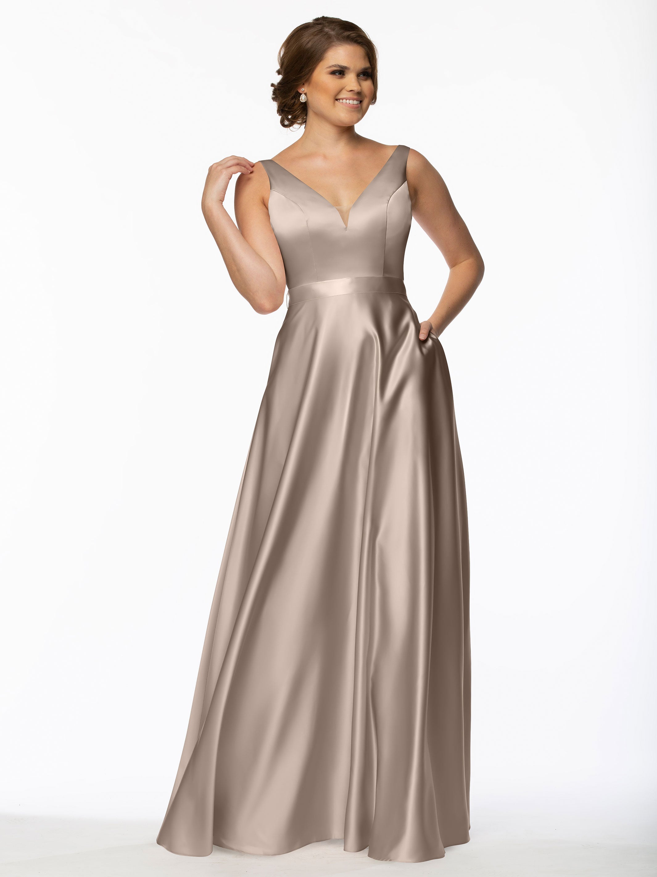 Elegant 80118 Satin A-Line Bridesmaid Dress with V-Neck & Waist Sash - Perfect for Weddings, Formal Events & Special Occasions