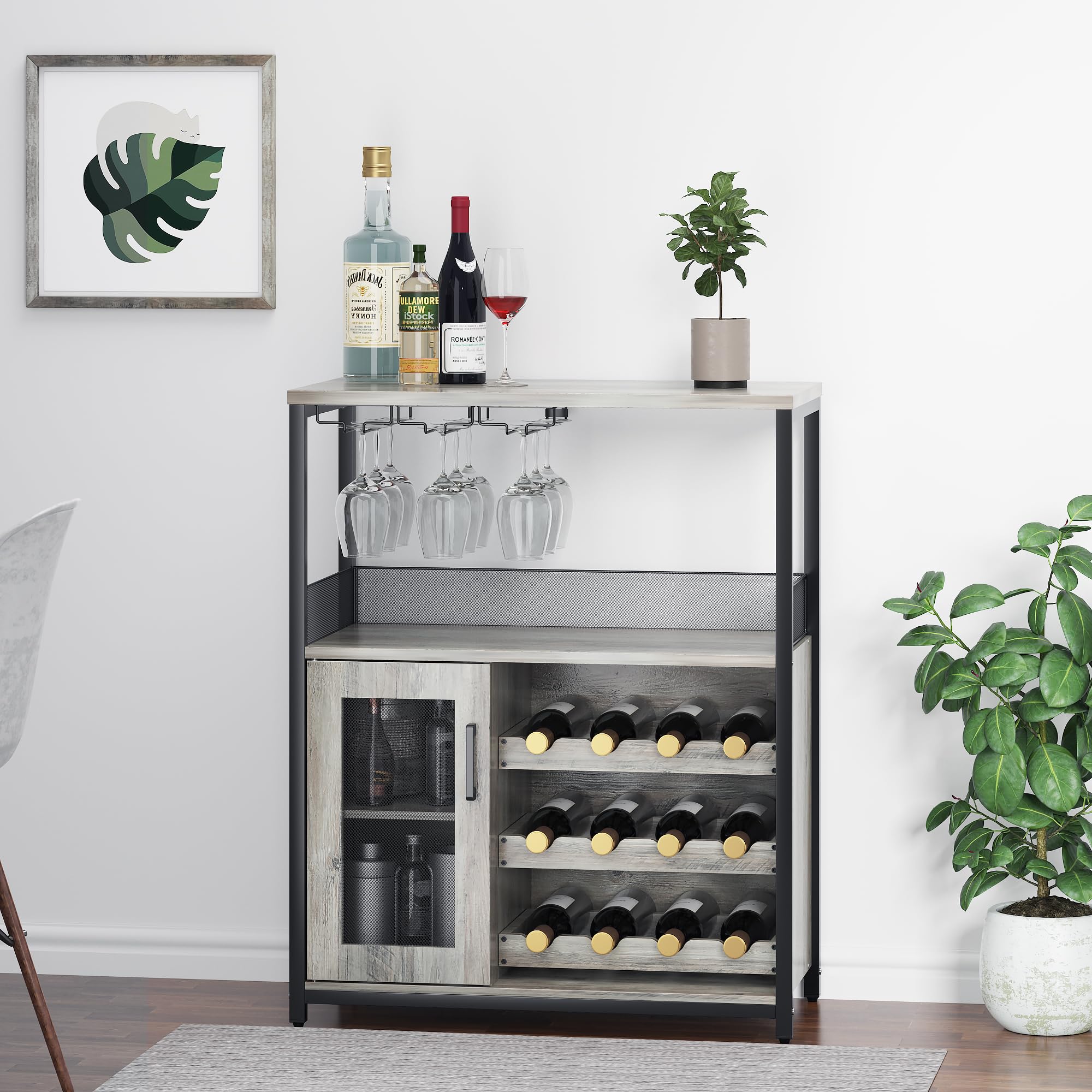 GAOMON Modern Wine Bar Cabinet with Detachable Wine Rack & Glass Holder - Grey Buffet Sideboard with Mesh Door for Dining Room, Kitchen, or Living Room Storage