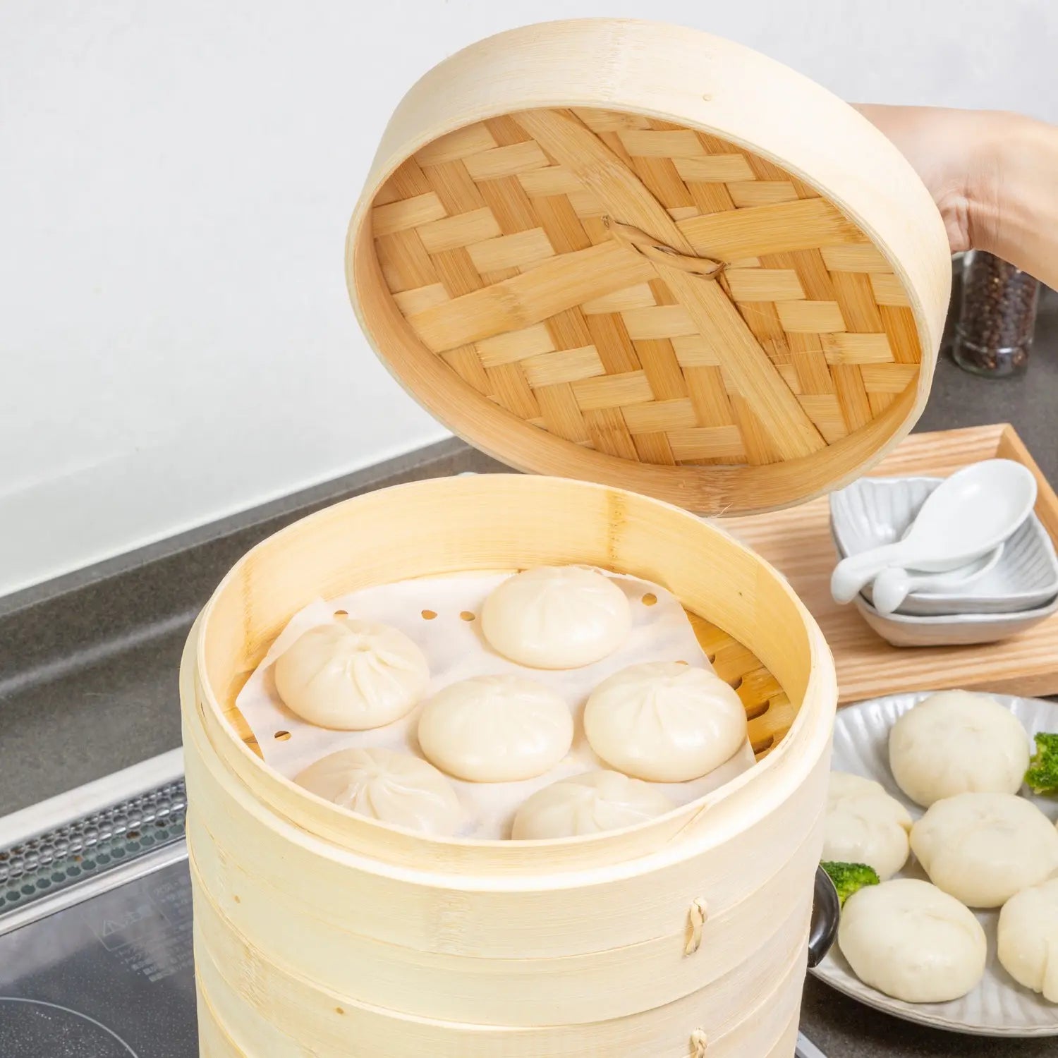 EBM Premium Bamboo Steamer Set - 3-Layer Stackable Bamboo Basket for Dumplings, Buns & Vegetables | Healthy & Eco-Friendly Cooking | Perfect for Asian Cuisine, Meal Prep & Party Serving