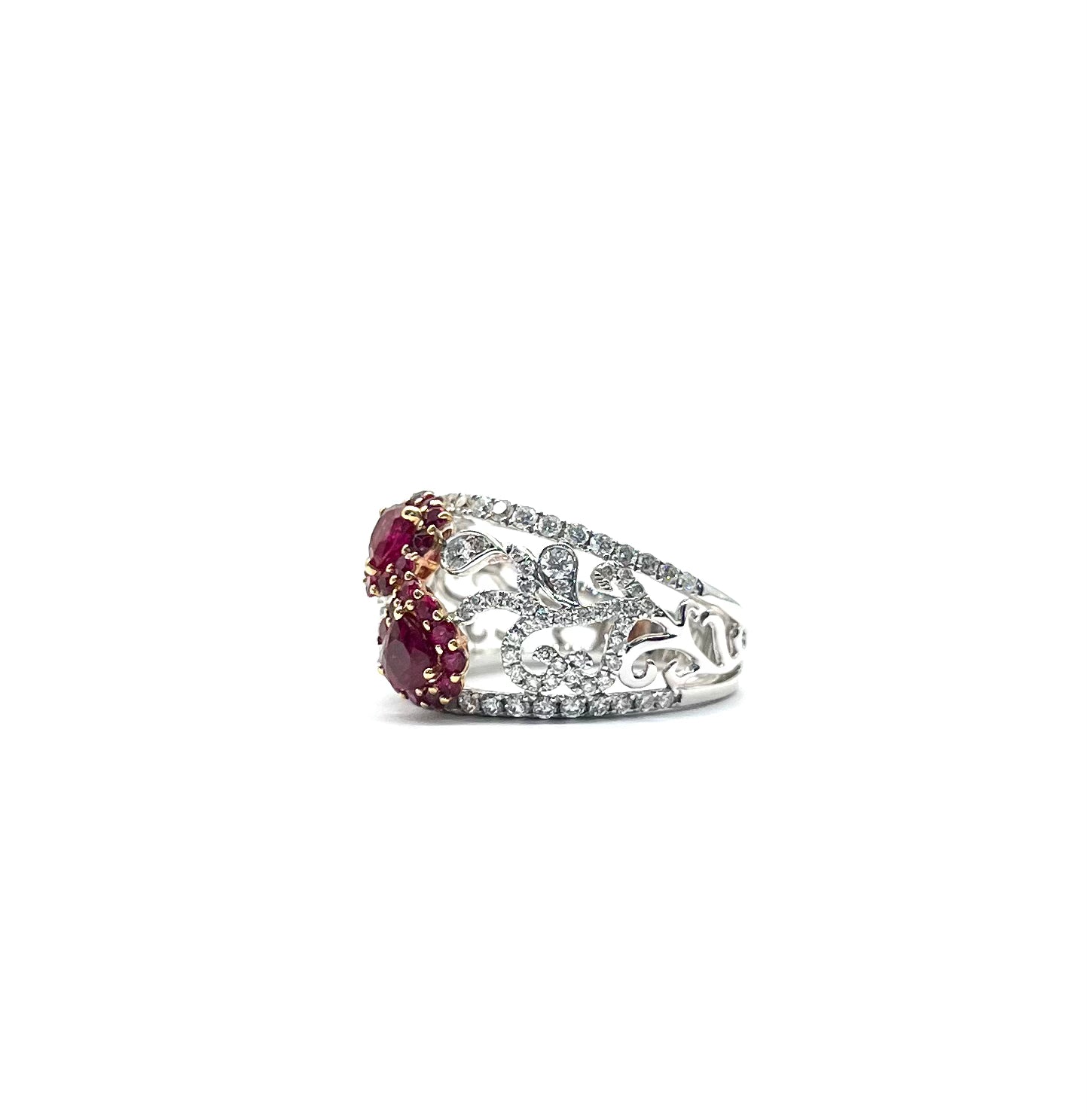18K White Gold Ruby and Diamond Floral Cutout Ring for Women - Elegant Vintage Style Engagement, Wedding, Anniversary Jewelry Gift