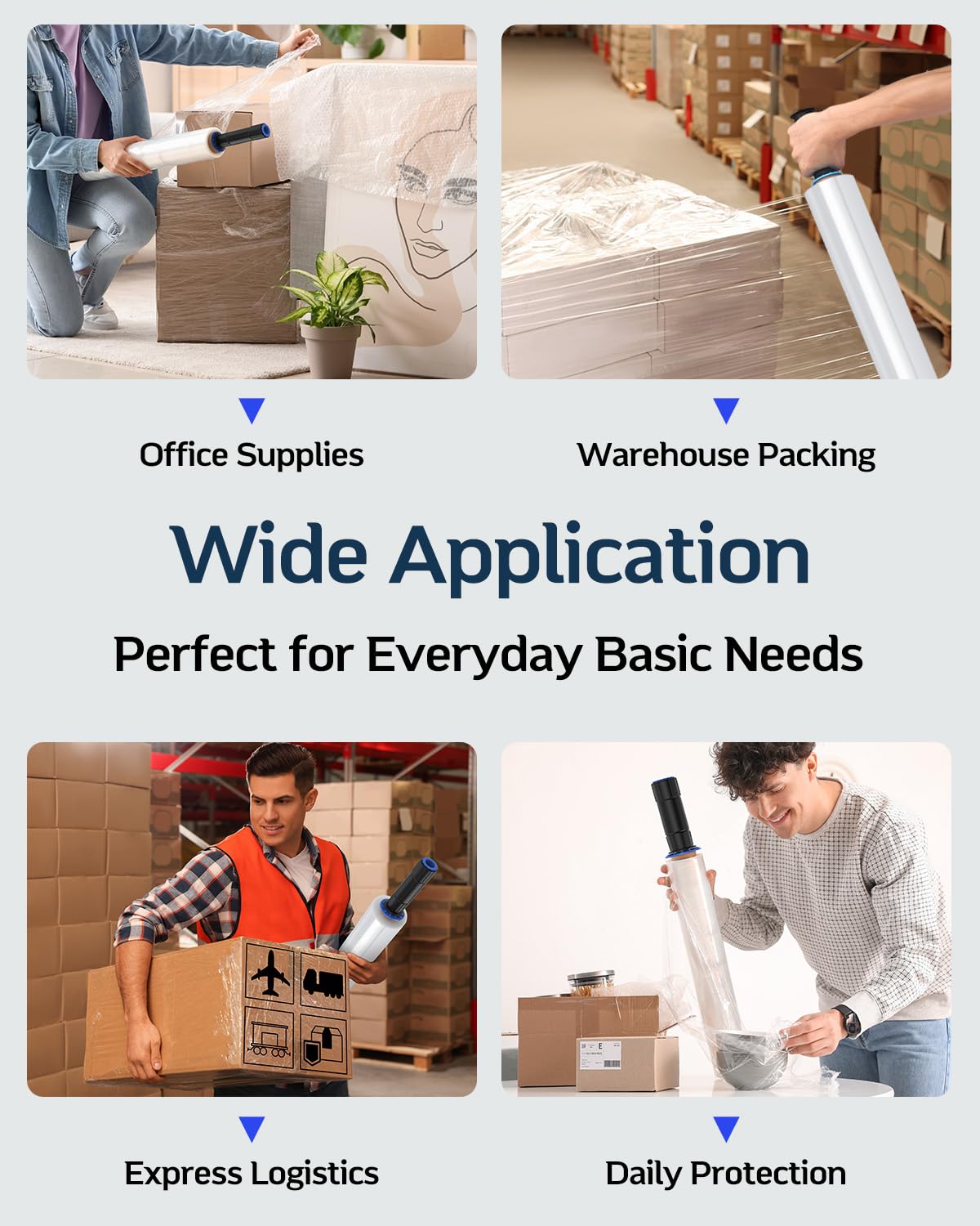 FugaCity Heavy Duty Stretch Wrap Film - 15 Inch x 1000 FT, 60 Gauge Clear Plastic Shrink Wrap for Furniture, Shipping & Moving Supplies | Industrial Strength with 500% Stretch (4 Rolls with Handles) | Perfect for Home Moving, Warehouse Packaging & Pallet Stabilization