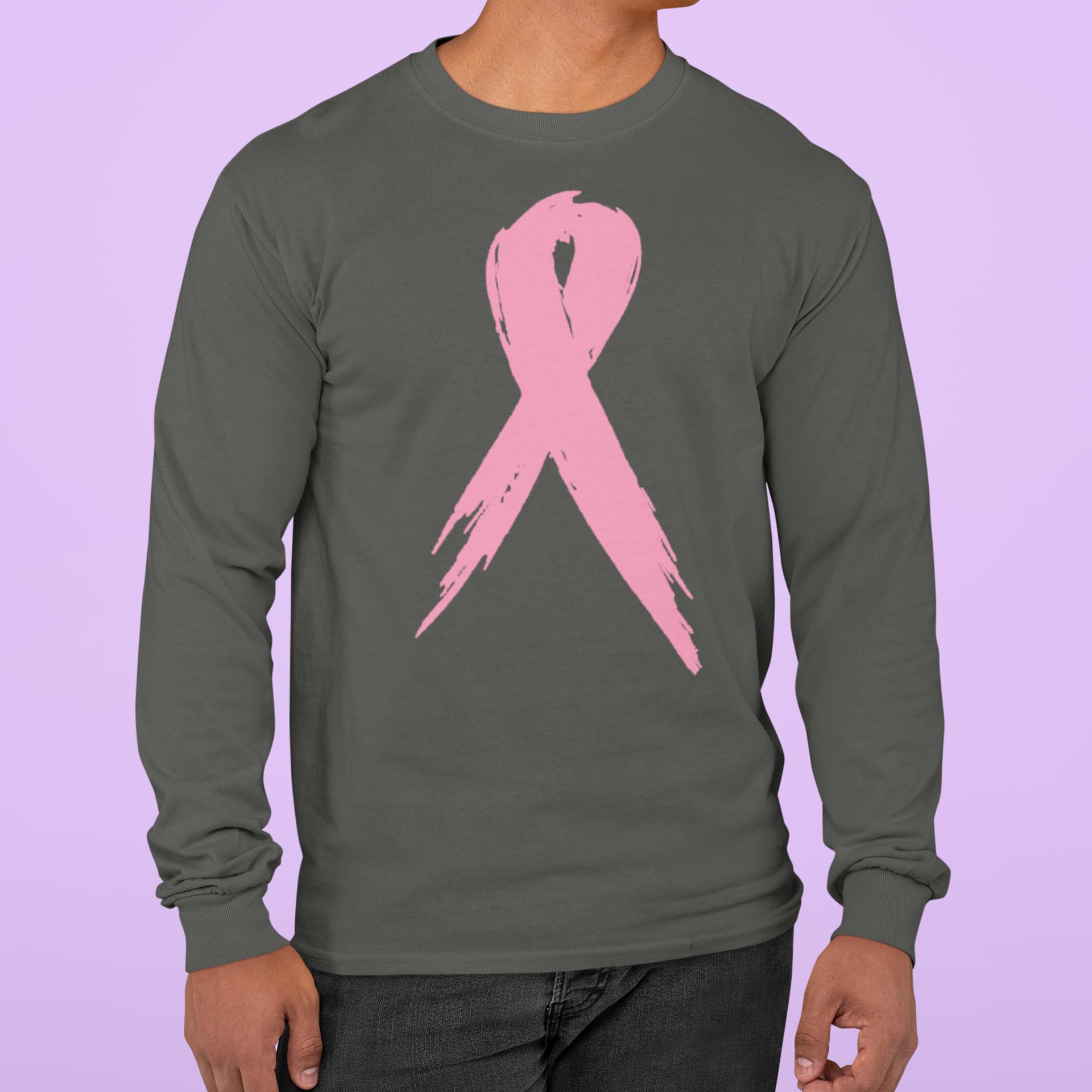 Pink Breast Cancer Ribbon Awareness Men's Long Sleeve Shirt - Support Cause with Comfortable Cotton Tee for Fundraisers & Everyday Wear
