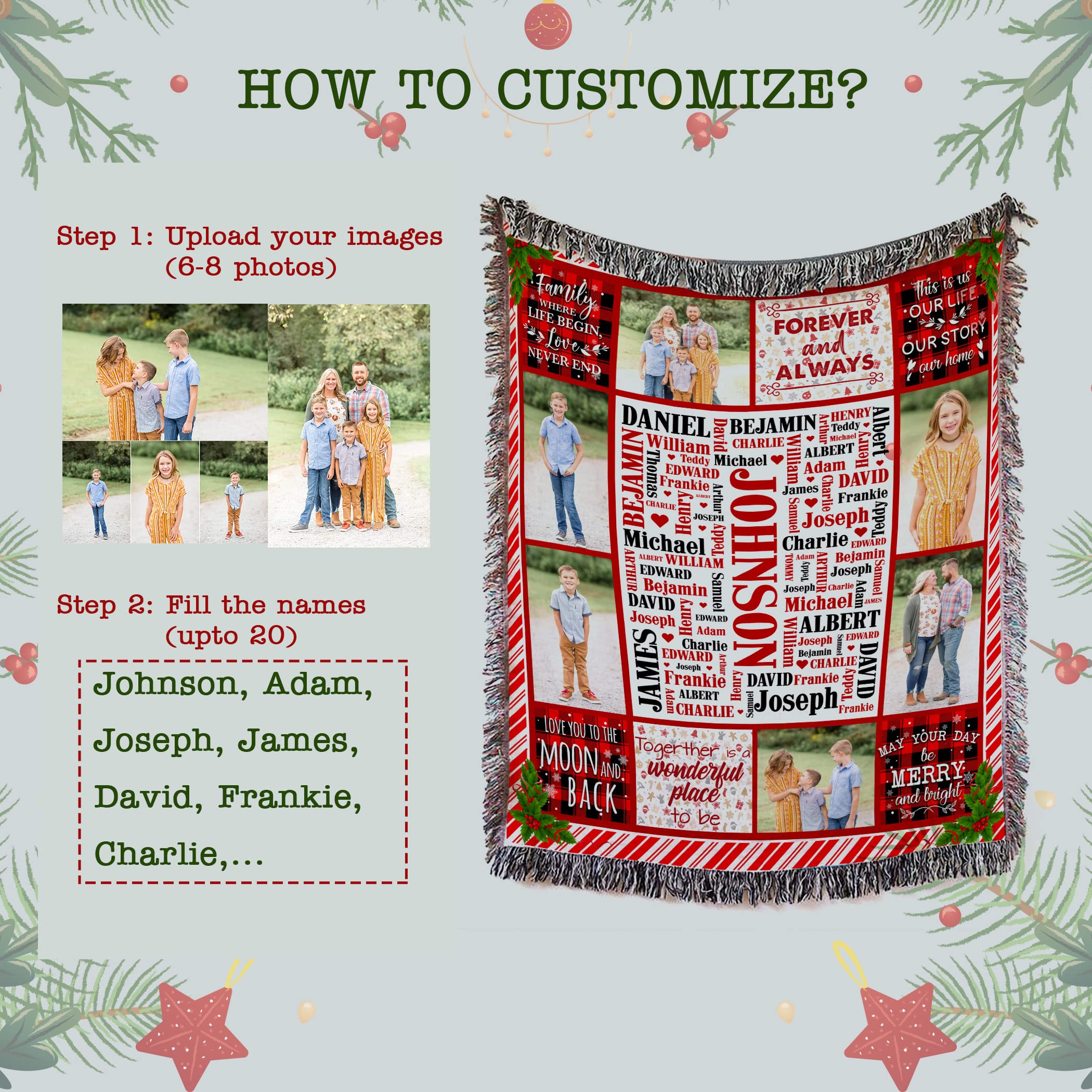 Custom Photo Blanket with Names - Personalized Family Blanket for Wedding, Anniversary, Christmas & Thanksgiving - 50x60 Inch Woven Throw Blanket for Home Decor, Gifts & Special Occasions