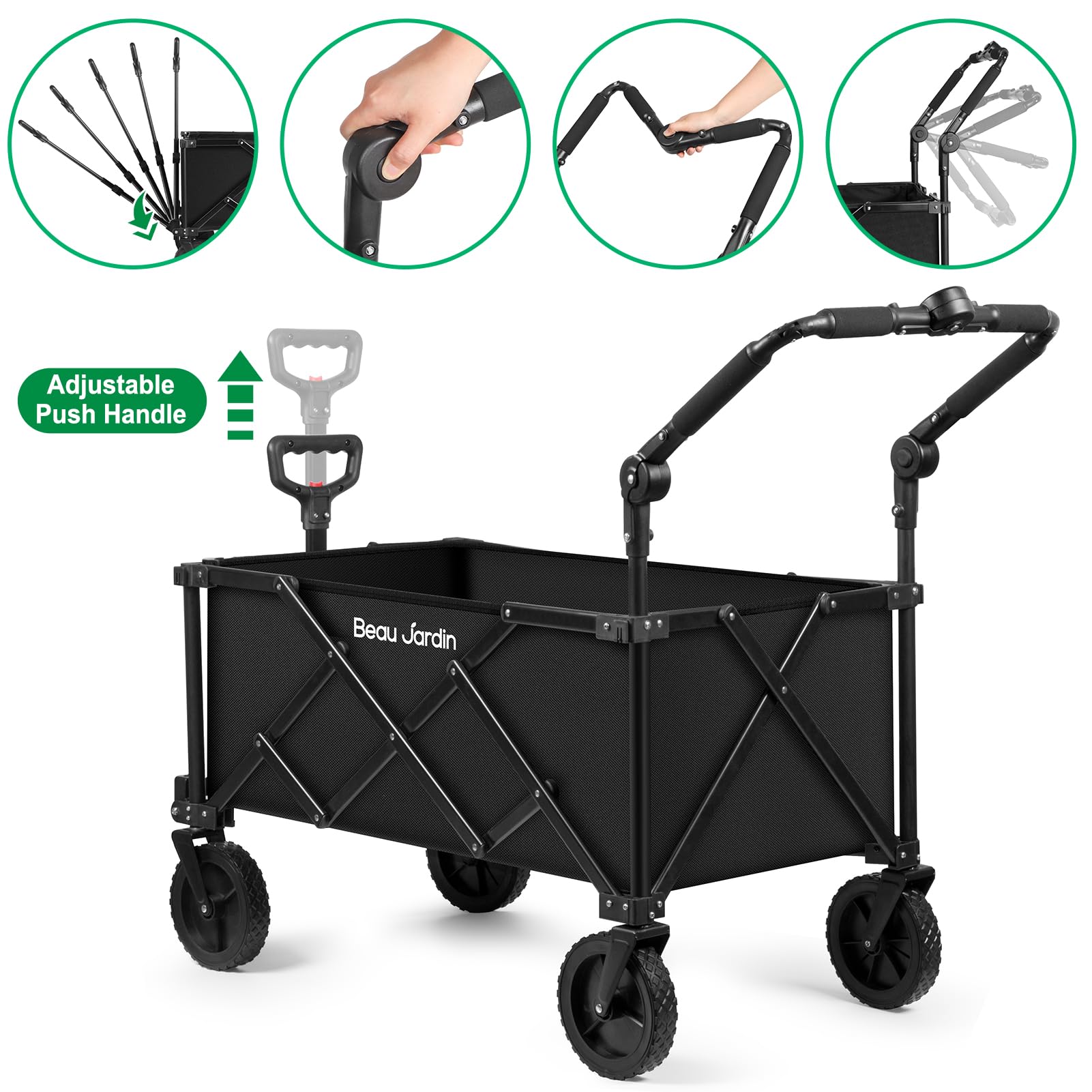 Beau Jardin Heavy Duty Collapsible Folding Wagon Cart - All Terrain Utility Cart for Beach, Camping, Grocery Shopping, Sports & Garden Use - Portable Push Pull Wagon with Durable Black Frame