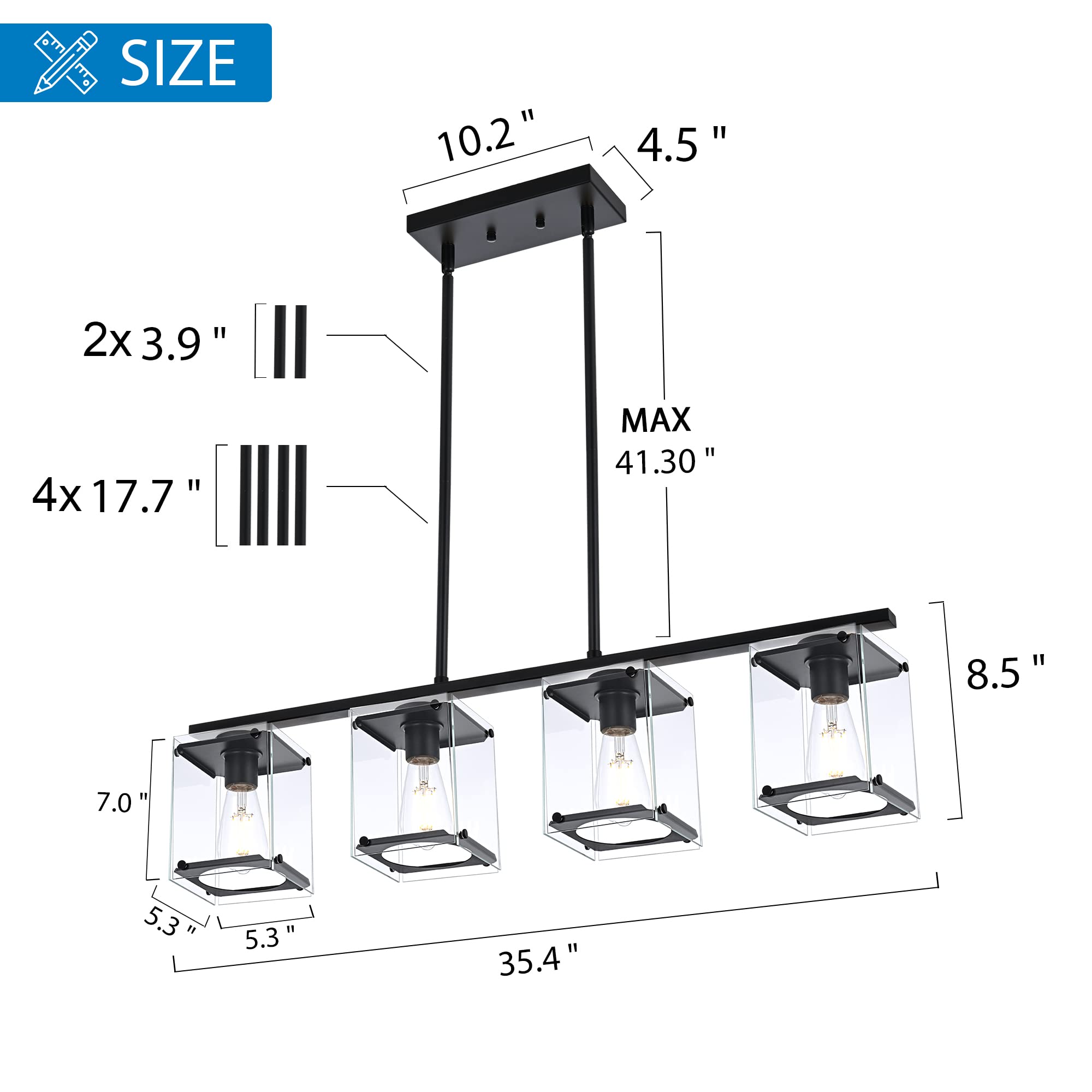 MELUCEE 4-Light Farmhouse Pendant Lighting - Matte Black Linear Chandelier with Clear Glass Shade for Kitchen Island, Dining Room, Foyer | Modern Rustic Home Decor Lighting Fixture