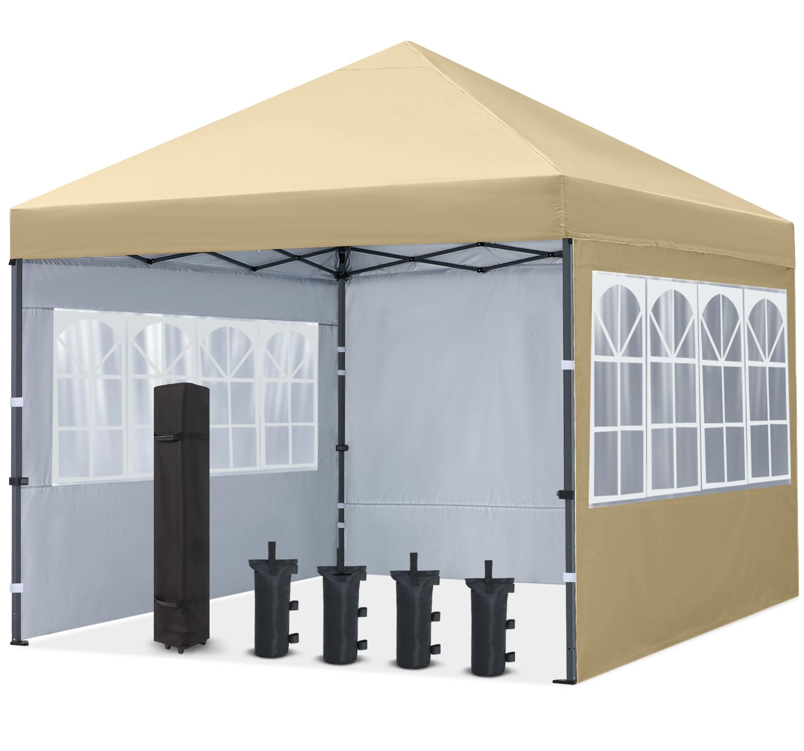 COOSHADE 8x8 Ft Pop Up Canopy Tent with Elegant Church Windows - Instant Folding Portable Shelter for Outdoor Events, Parties, Weddings, BBQ & Catering - Waterproof & UV Protection (Beige) | Perfect for Backyard Gatherings, Beach Picnics, Church Functions & Market Stalls