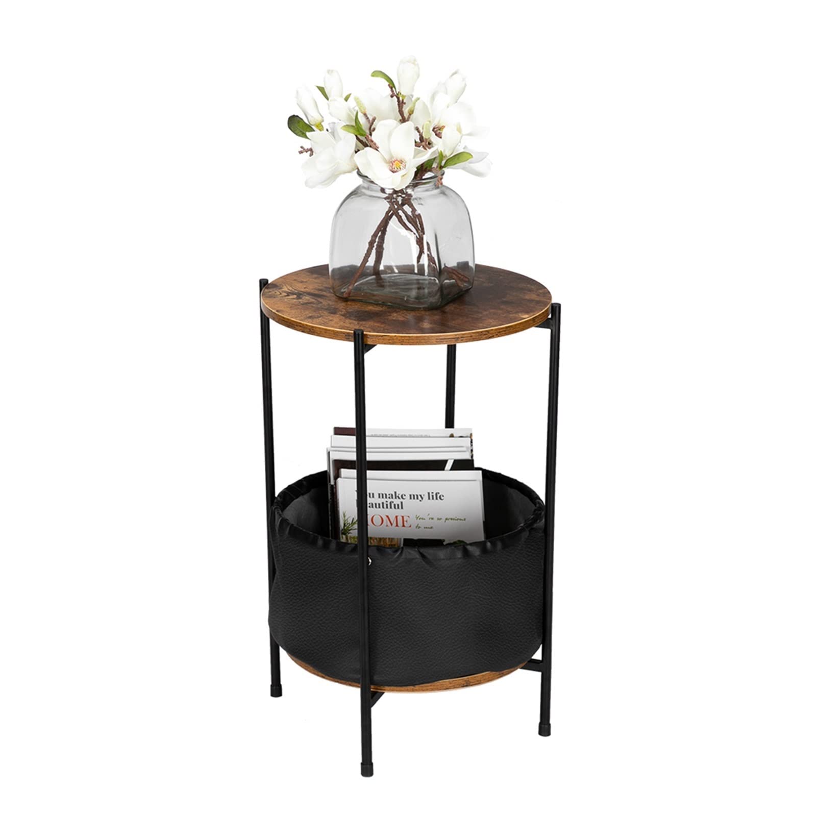 TOMYEUS Wooden Coffee Table with Wrought Iron Base - 2-Tier End Table with Storage Shelf for Living Room, Bedroom, Office - Perfect as Side Table for Snacks, Books & Decor