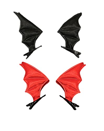 Red Devil Horn Hair Clip - Black Bat Wing Hair Accessory for Halloween Costume & Cosplay - Gothic Party Hairpin for Women & Girls (Black-Red)