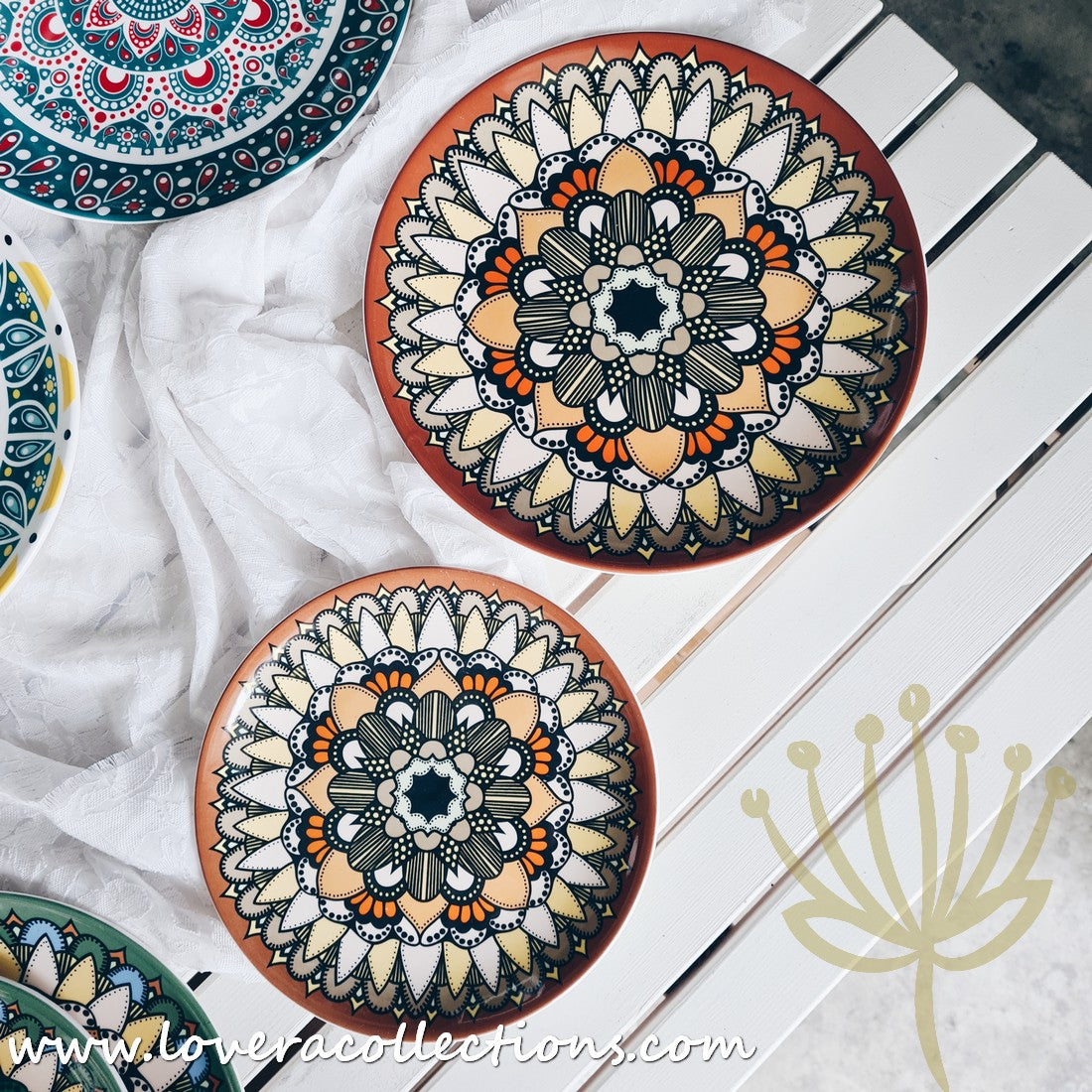 Mandala Green & White Salad Plate Set - Elegant Hand-Painted Ceramic Dinnerware for Home & Restaurant Use - Perfect for Salads, Appetizers, Desserts & Party Serving