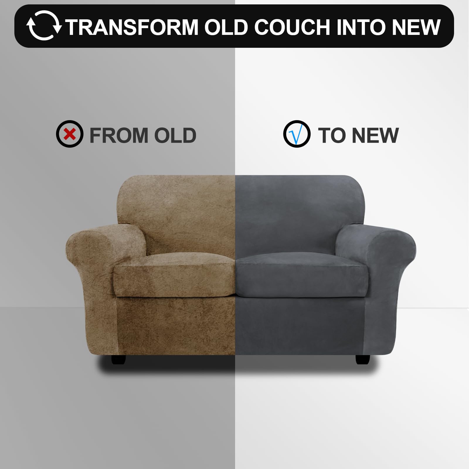 Premium Velvet Sofa Cover for 2-Cushion Couch - Stretchable 3-Piece Slipcover for Love Seat | Pet-Friendly Thick Furniture Protector in Grey | Perfect for Living Room, Apartment & Pet Owners