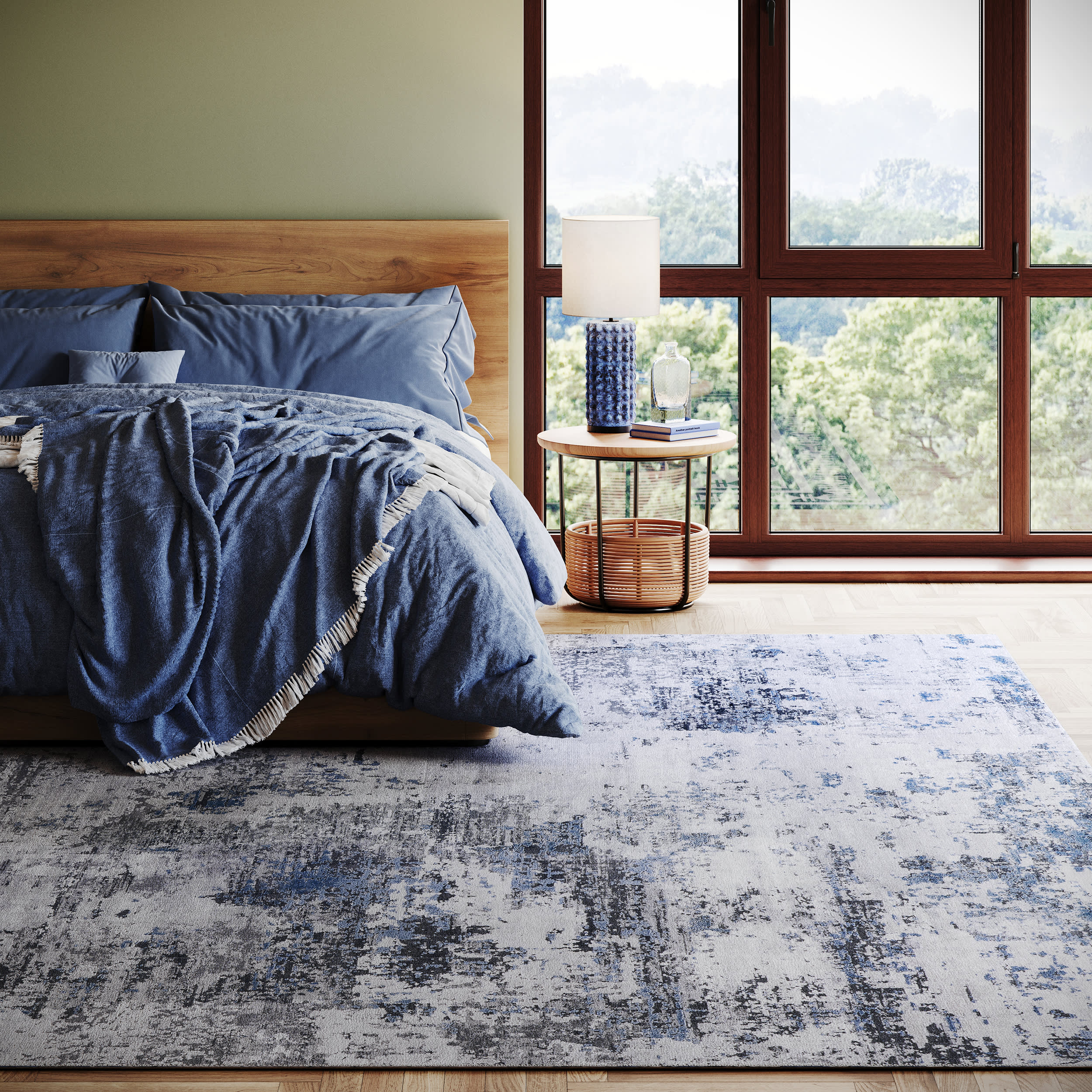 Faded Abstract Spill Proof Washable Rug - Blue Grey Non-Slip Area Rug for Living Room, Bedroom, Kitchen & High Traffic Areas