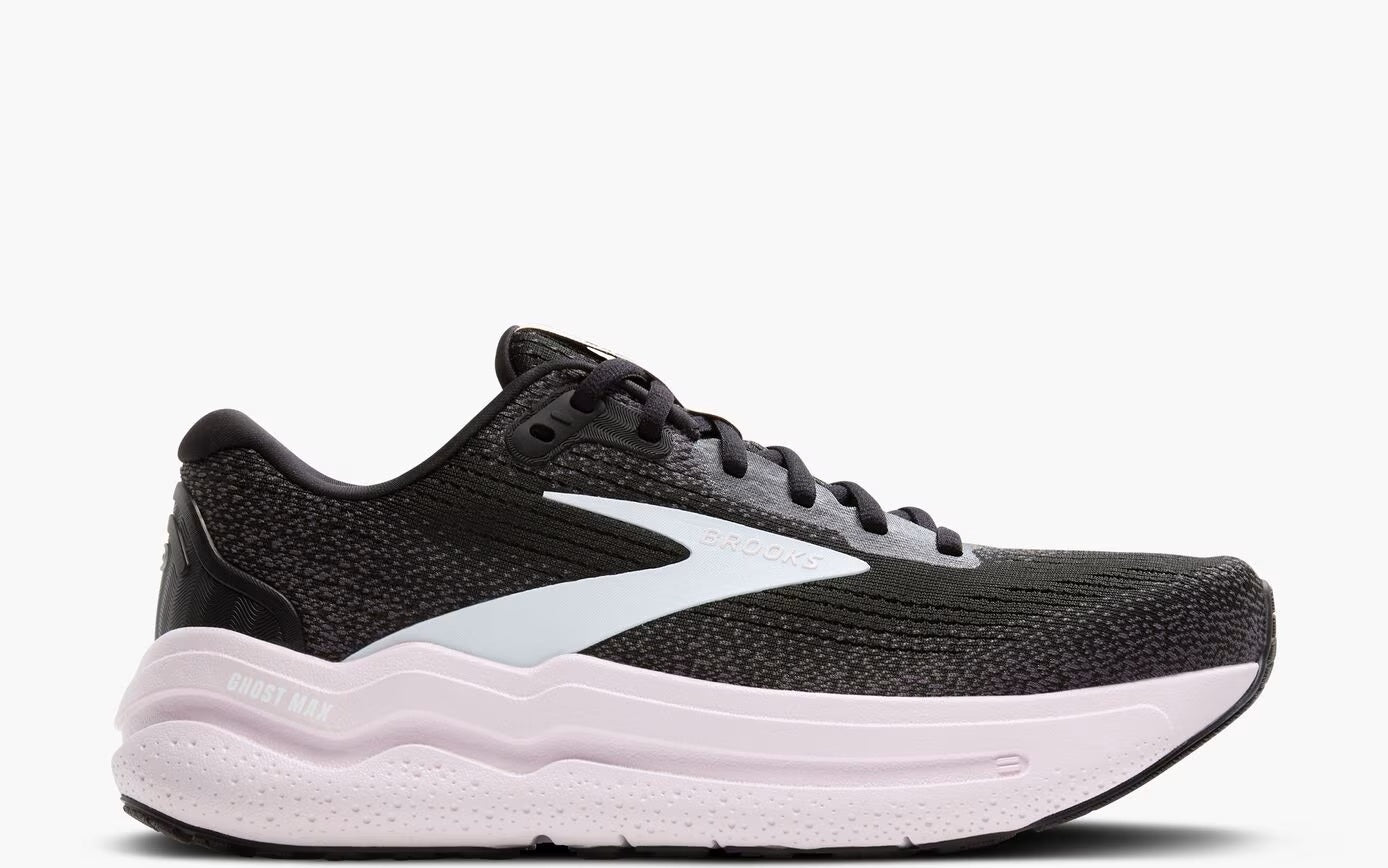 Brooks Women's Ghost Max 2 Running Shoes - Black/White/Orchid Ice - Cushioned Support for Long Distance Running & Marathon Training