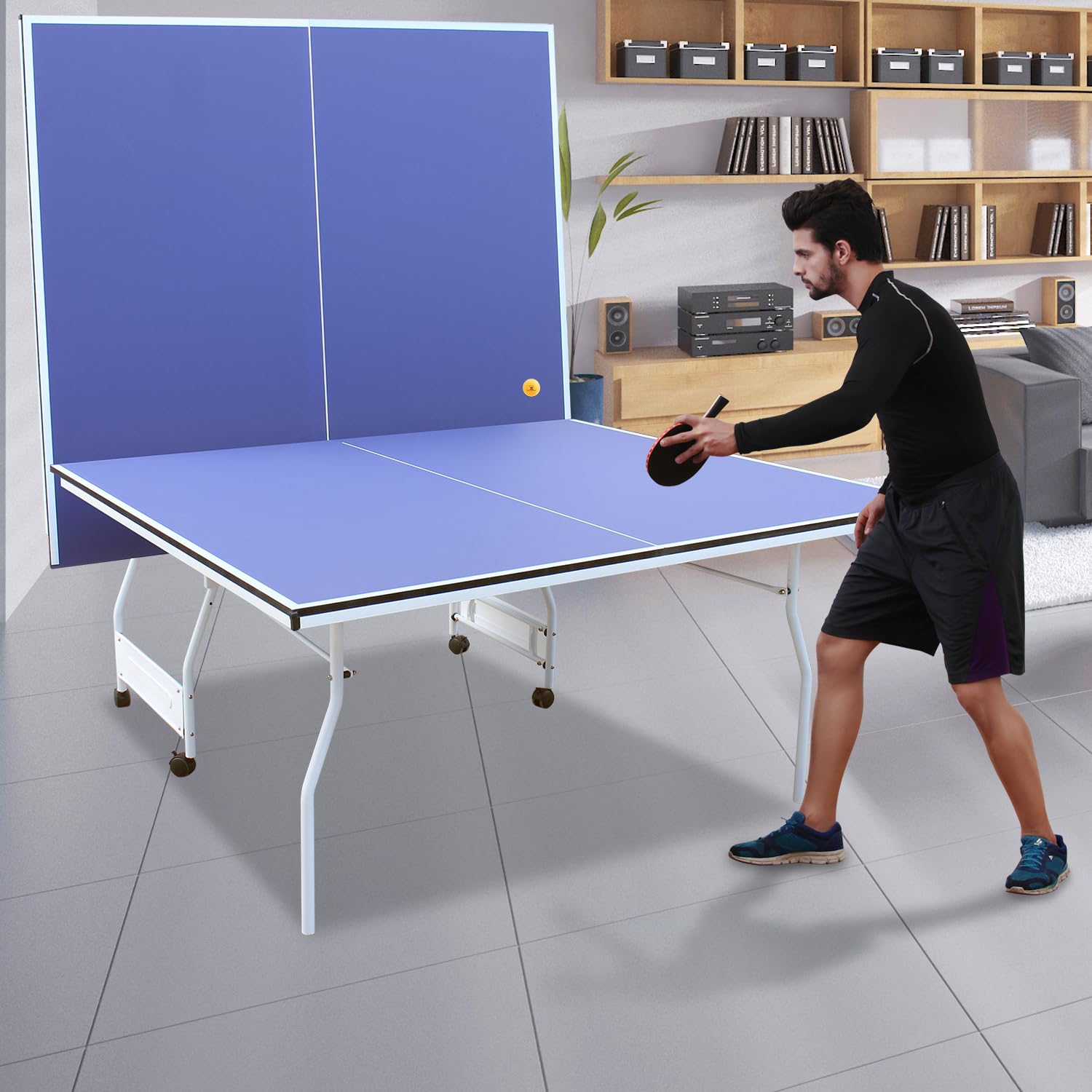 Blue Folding Rolling Table Tennis Table - Indoor & Outdoor Use with 2 Rackets, 3 Balls, 1 Net & 4 Wheels | Perfect for Home, Backyard, Gym & Party Games