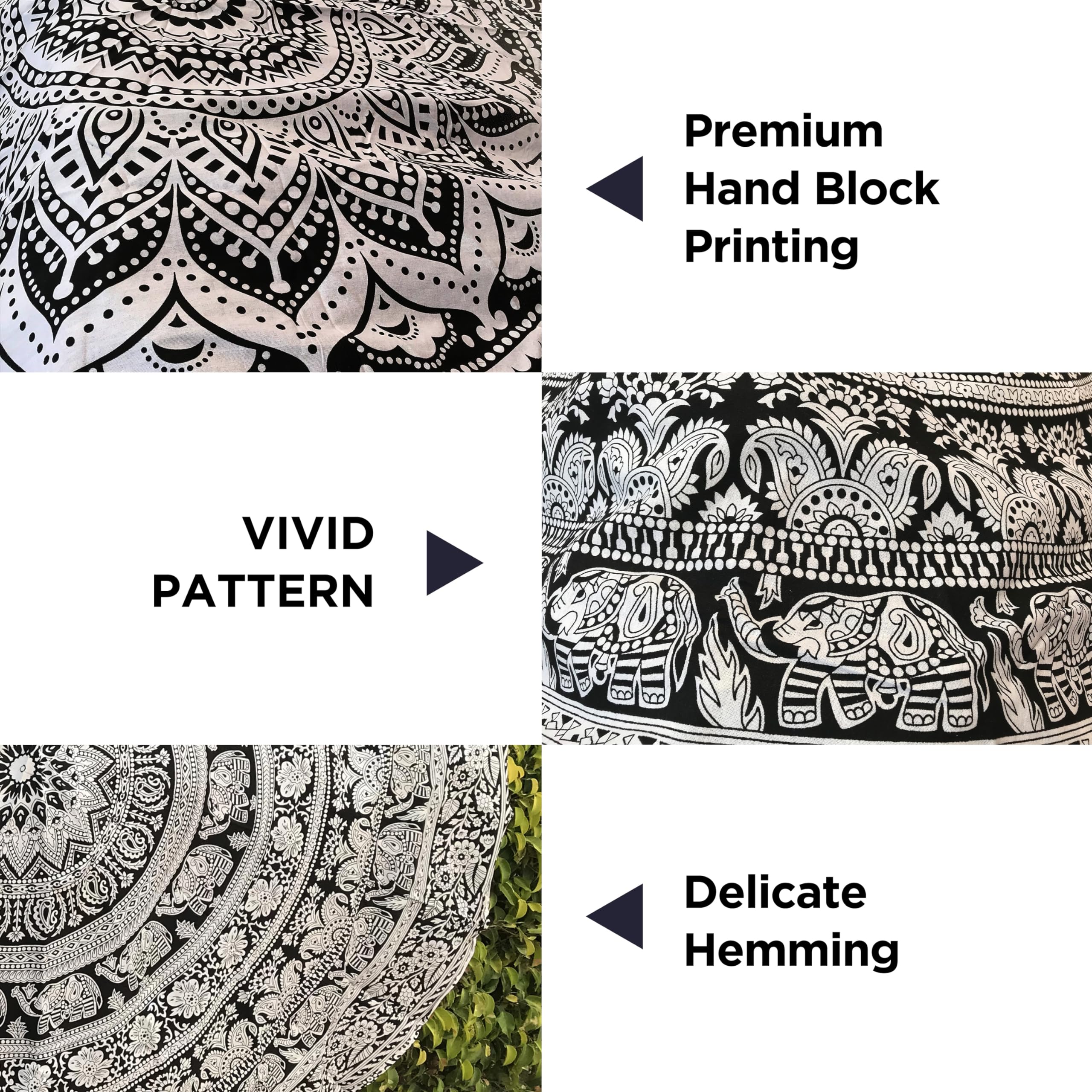 Boho Round Beach Towel - Soft Cotton Yoga Mat & Meditation Throw - Hippie Tapestry for Outdoor Picnic, Table Cloth, Yoga Practice - Black White Elephant Design by Raajsee - Perfect for Beach, Pool, Yoga Studio & Bohemian Home Decor