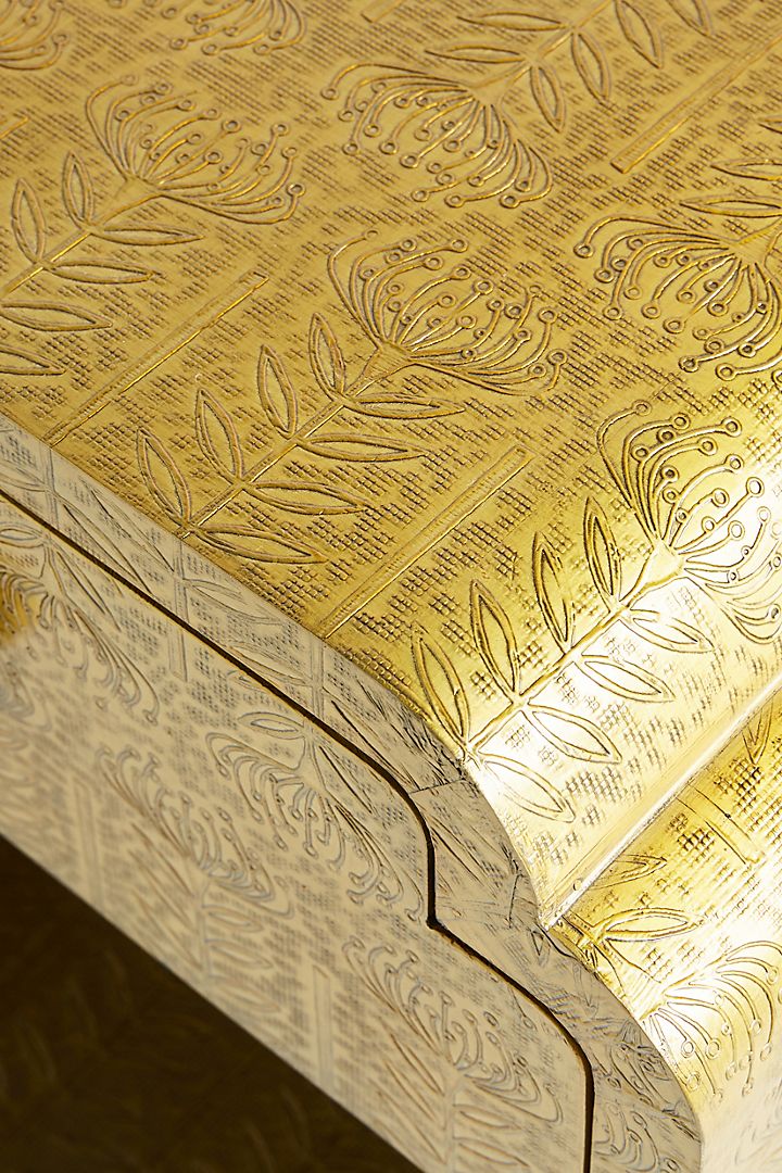 Hand Embossed Lotus Nightstand - Brass Golden Metal Bedside Table with Indian Carvings | Vintage Bedroom Furniture for Master Bedroom, Guest Room & Meditation Space