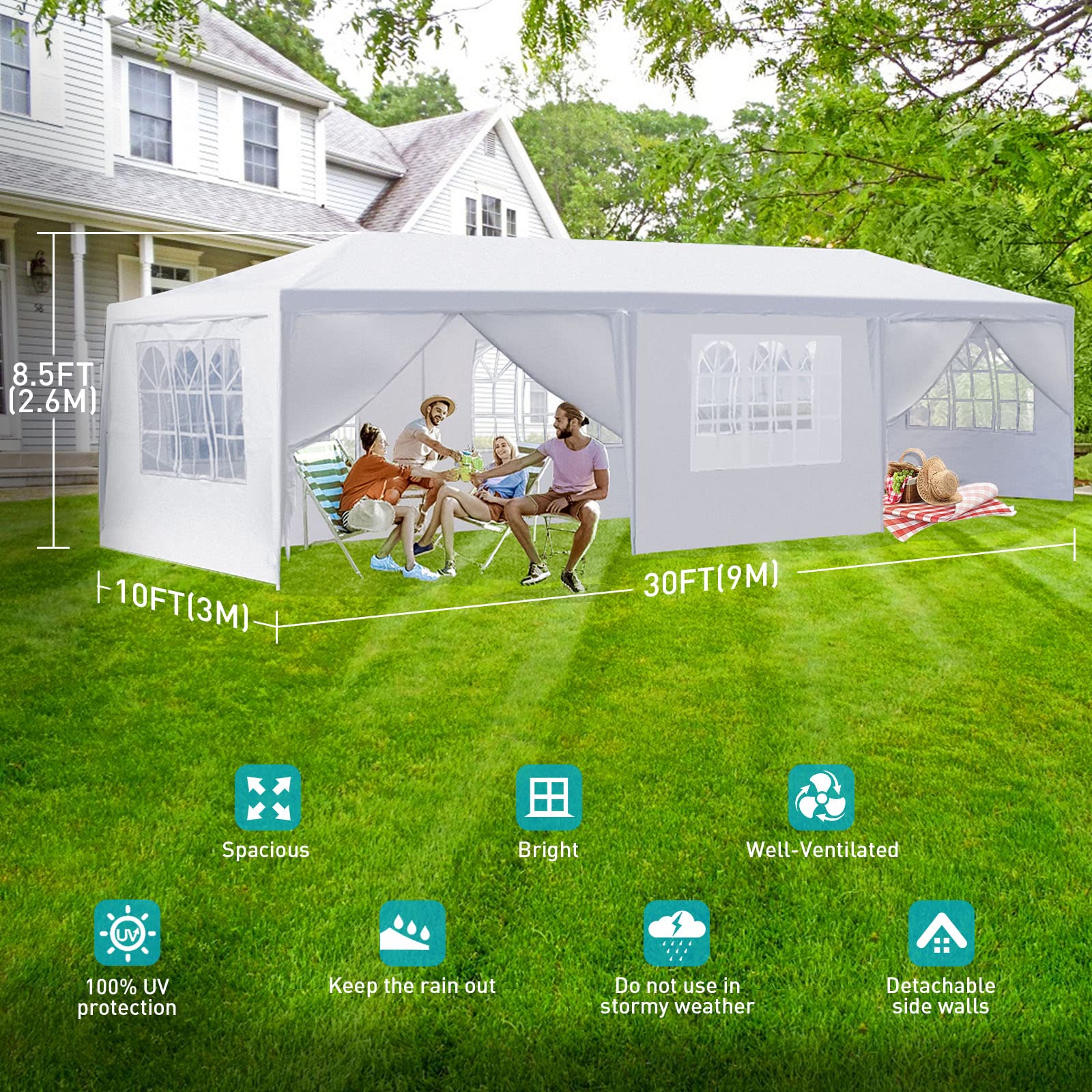 10x30 Party Tent - Large White Wedding Canopy Tent with 8 Removable Sidewalls | Outdoor Event Shelter for Backyard, Garden Parties & Gatherings | Durable Gazebo for Weddings, BBQs, Festivals & Outdoor Events