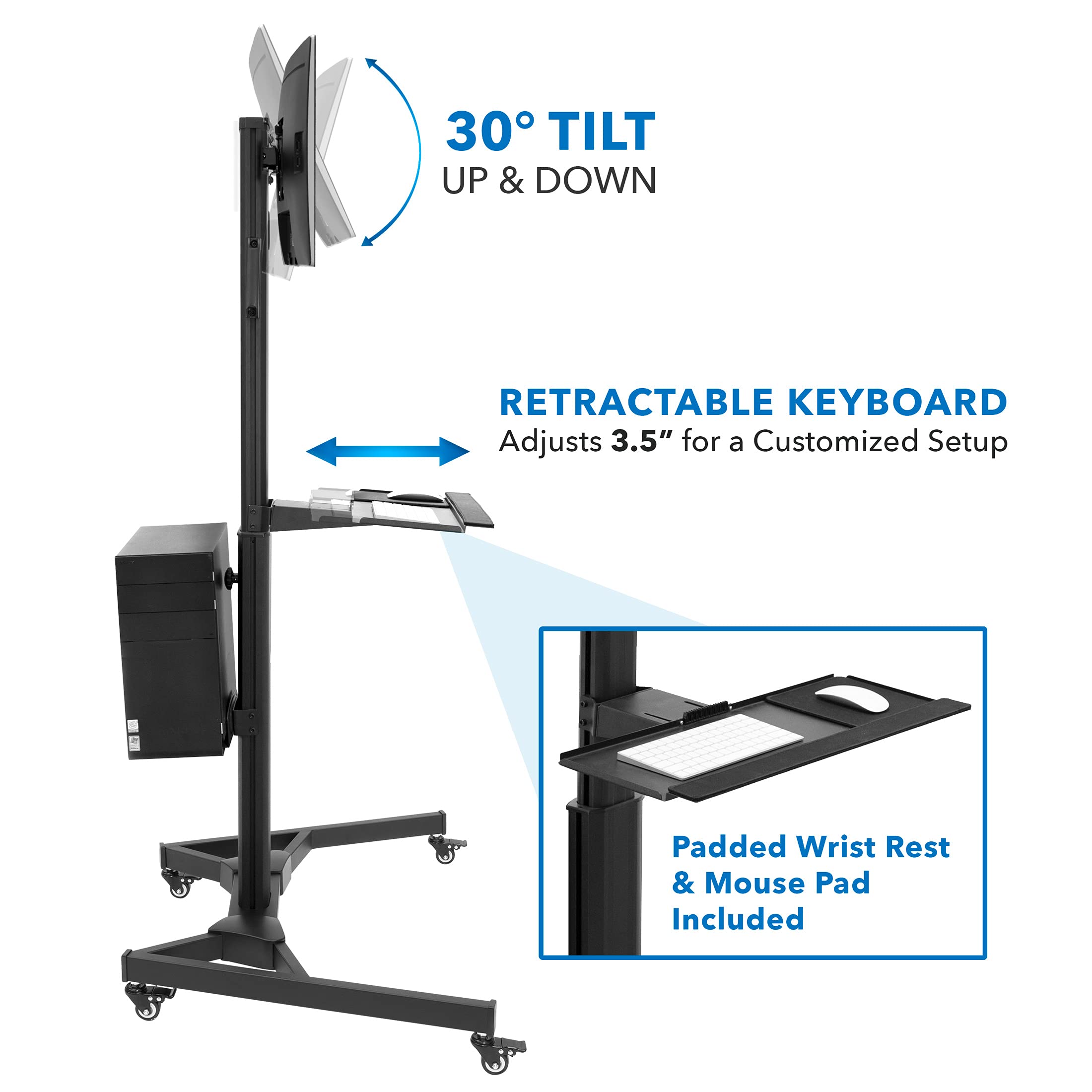 Adjustable Rolling Computer Cart with Dual Monitor Stand for 32