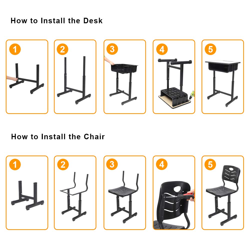Adjustable Height Student Desk and Chair Set with Drawer, Pencil Grooves & Hooks - Ergonomic Study Workstation for Kids, Teens - Perfect for Home, School & Online Learning (Black & White)
