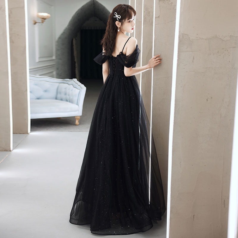 Elegant Black Off-Shoulder Long Prom Dress with White Tulle Skirt - Formal Evening Gown for Homecoming, Wedding Guest & Special Occasions