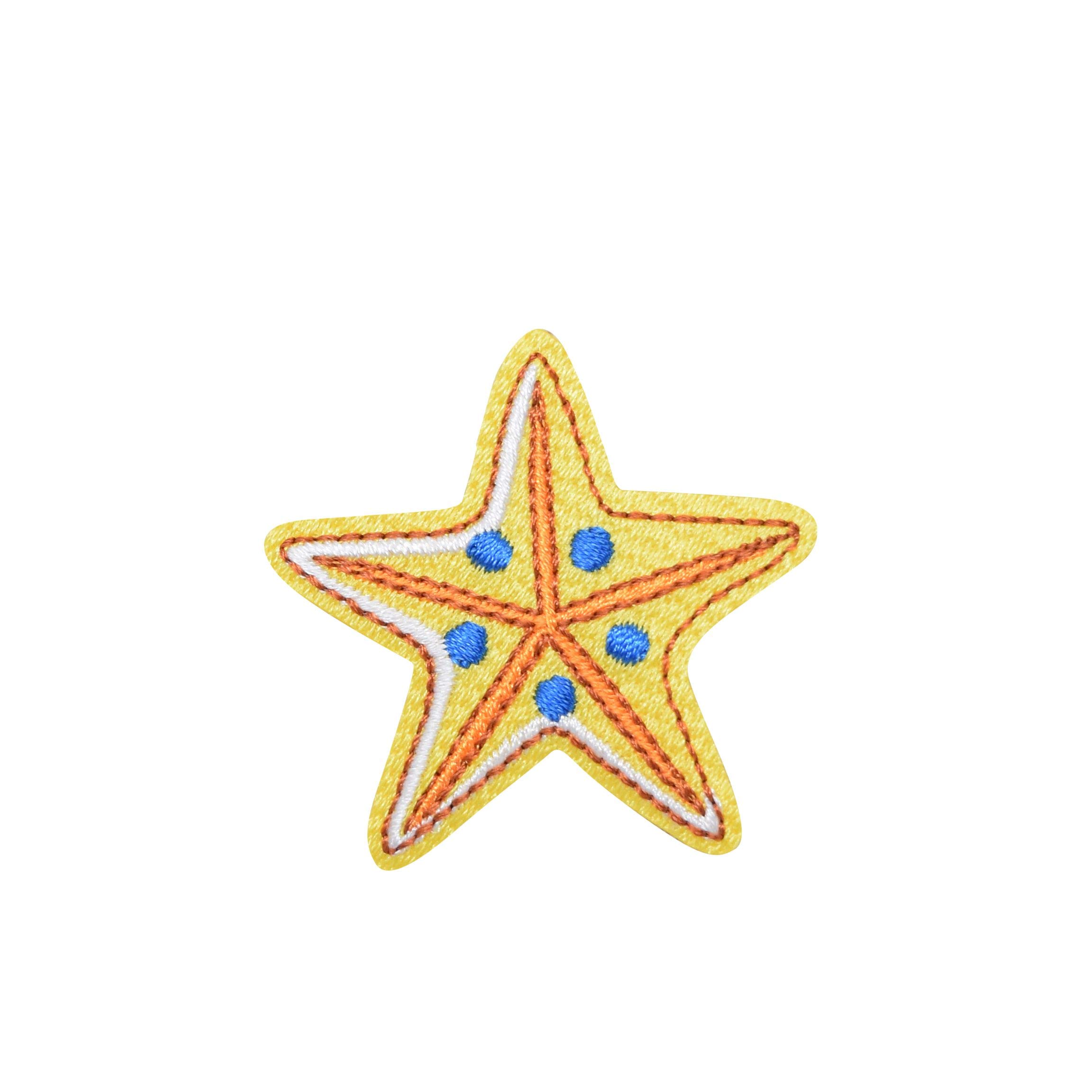 Yellow Starfish with Blue Dots Embroidered Iron-On Patch - Summer Beach Theme DIY Sewing Applique for Jackets, Bags & Hats