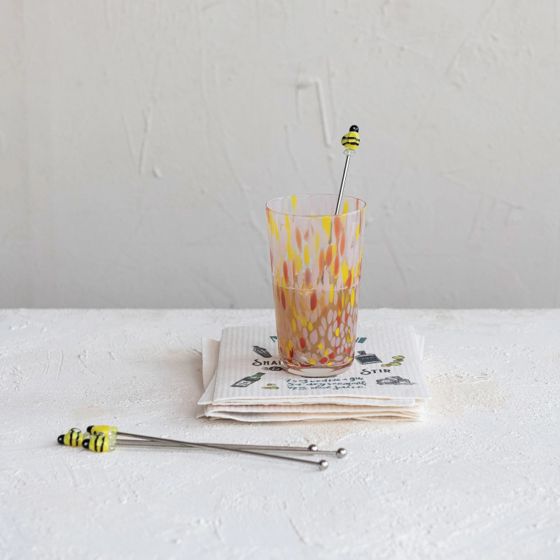 Premium Glass Bee Cocktail Stirrers - Set of 6 Handcrafted Bar Stir Sticks for Mixing Drinks, Perfect for Home Bars, Parties & Wedding Cocktail Accessories