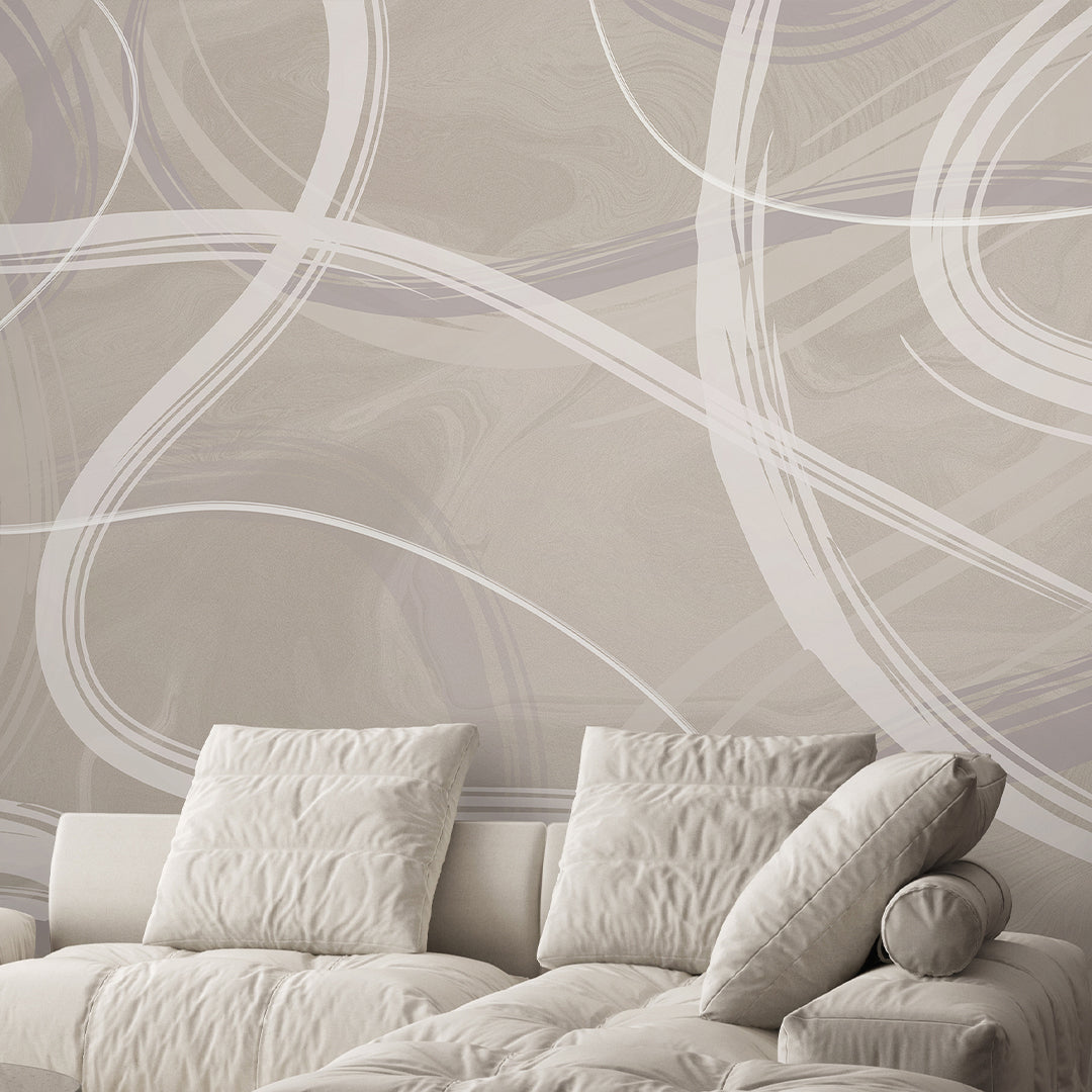 Gray & Beige Smooth Lines Wall Mural AM006 - Modern Abstract Peel and Stick Wallpaper for Living Room, Bedroom, Office Decor