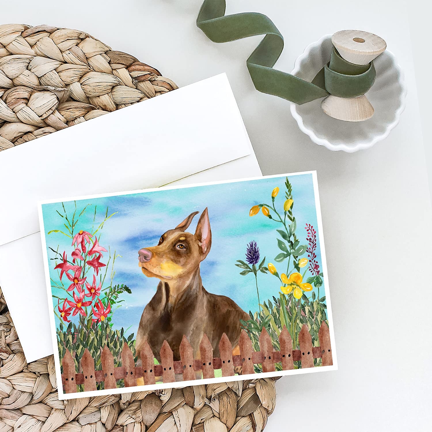 Doberman Pinscher Greeting Cards - Pack of 8 Blank A7 (5x7) Note Cards with Envelopes | Whimsical Spring Design for Dog Lovers | Perfect for Birthdays, Thank You Notes & Special Occasions