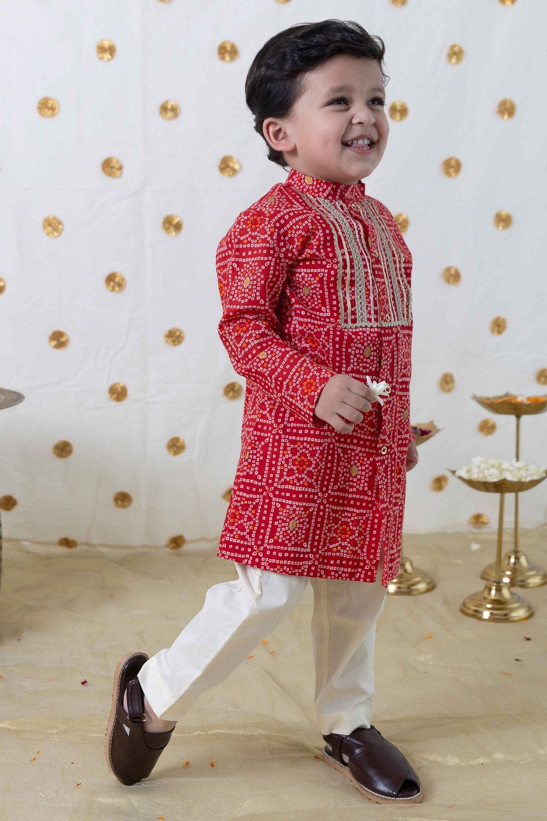 Boys' Bandhani Print Cotton Kurta Set - Red Ethnic Indian Outfit for Festivals & Special Occasions
