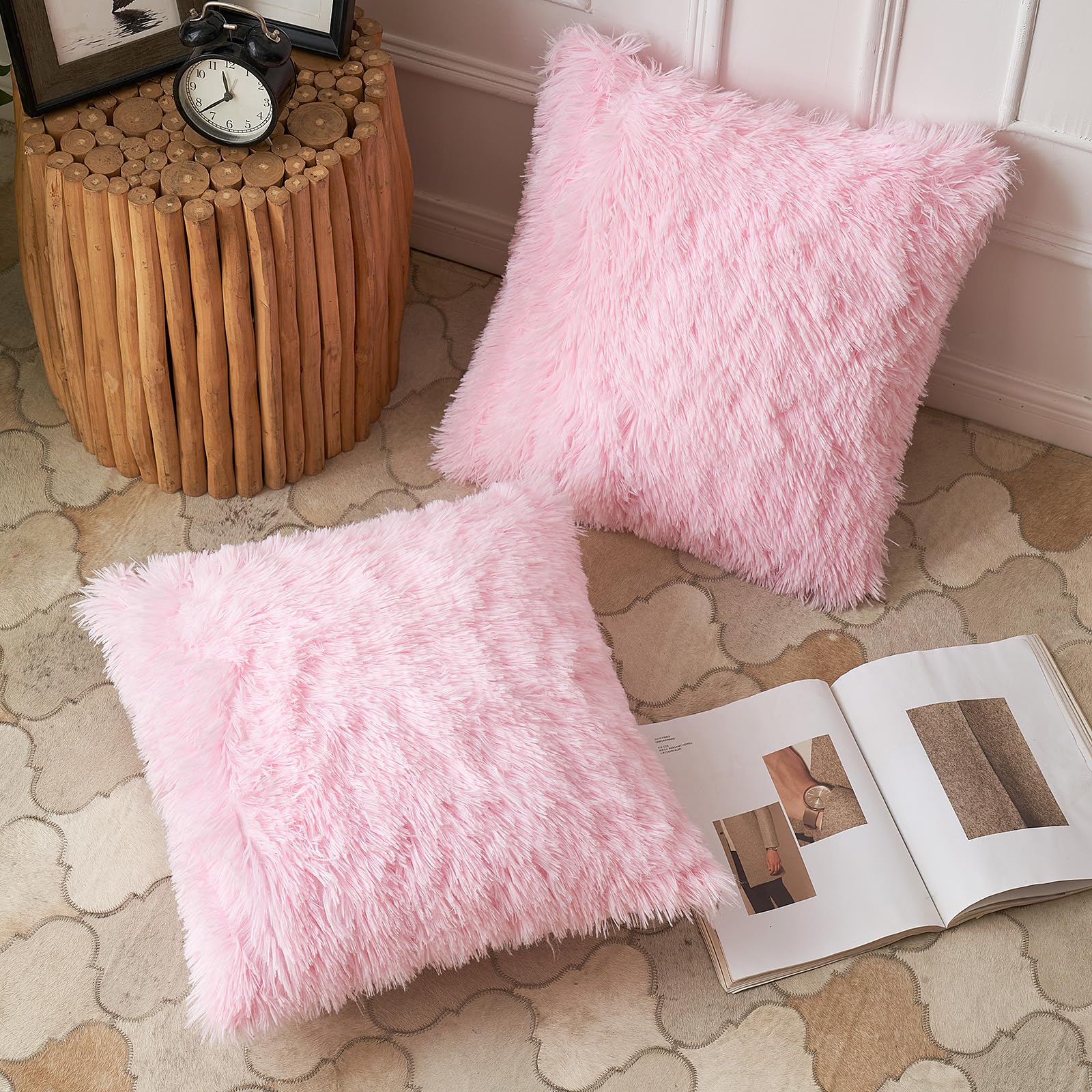 ANRODUO 2 Pack Fluffy Faux Fur Throw Pillow Covers 18x18 Inch - Soft Plush Baby Pink Decorative Cushions for Sofa, Bed & Living Room - Luxury Mongolian Merino Style Home Decor for Spring & Cozy Comfort